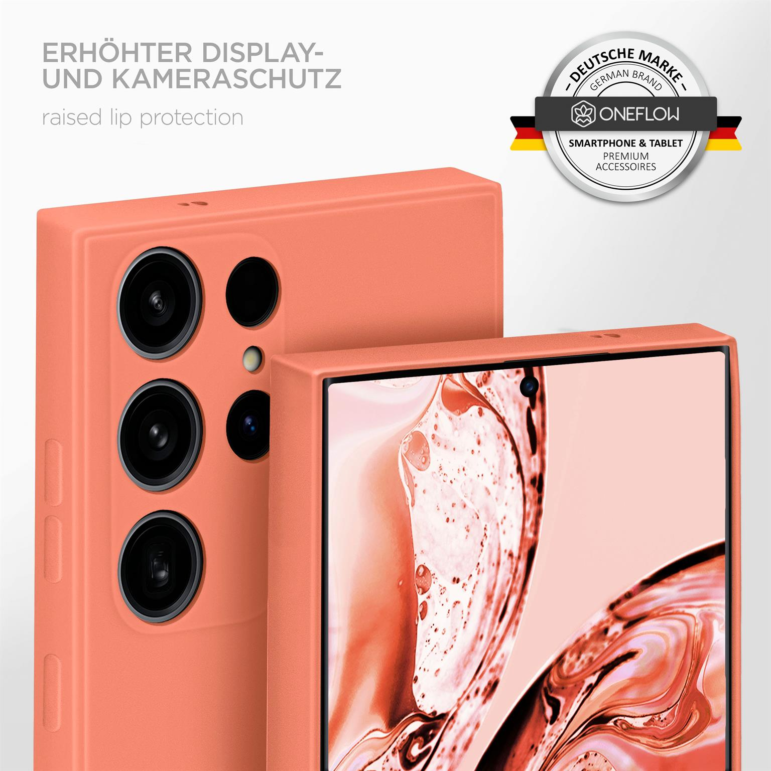 Eine pfirsichfarbene Handyhülle mit einem Telefon darin, Nahaufnahme. Die Hülle hat erhöhte Kanten.