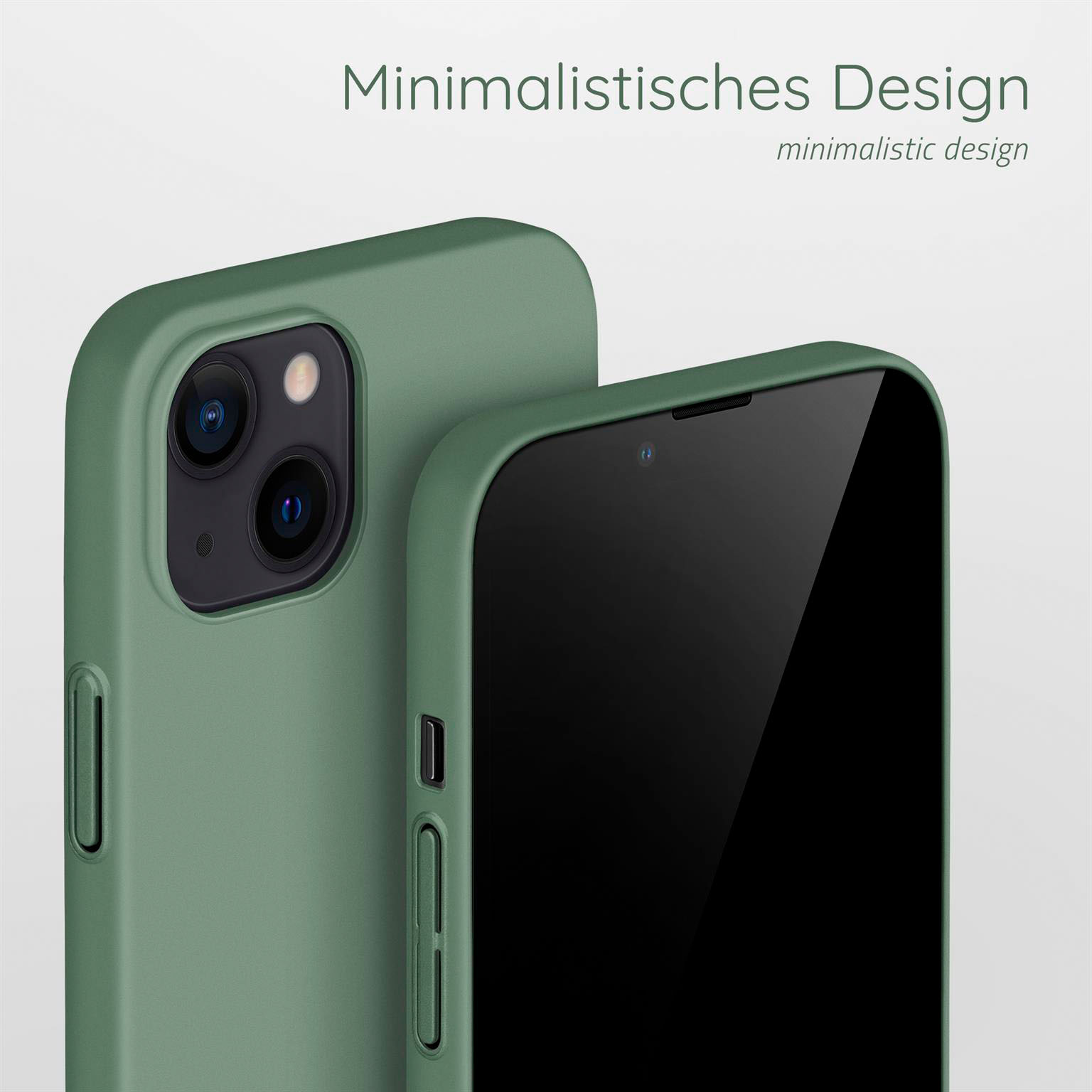 Grüne Handyhülle auf einem Telefon. Ein minimalistisches Design der Handyhülle wird gezeigt.