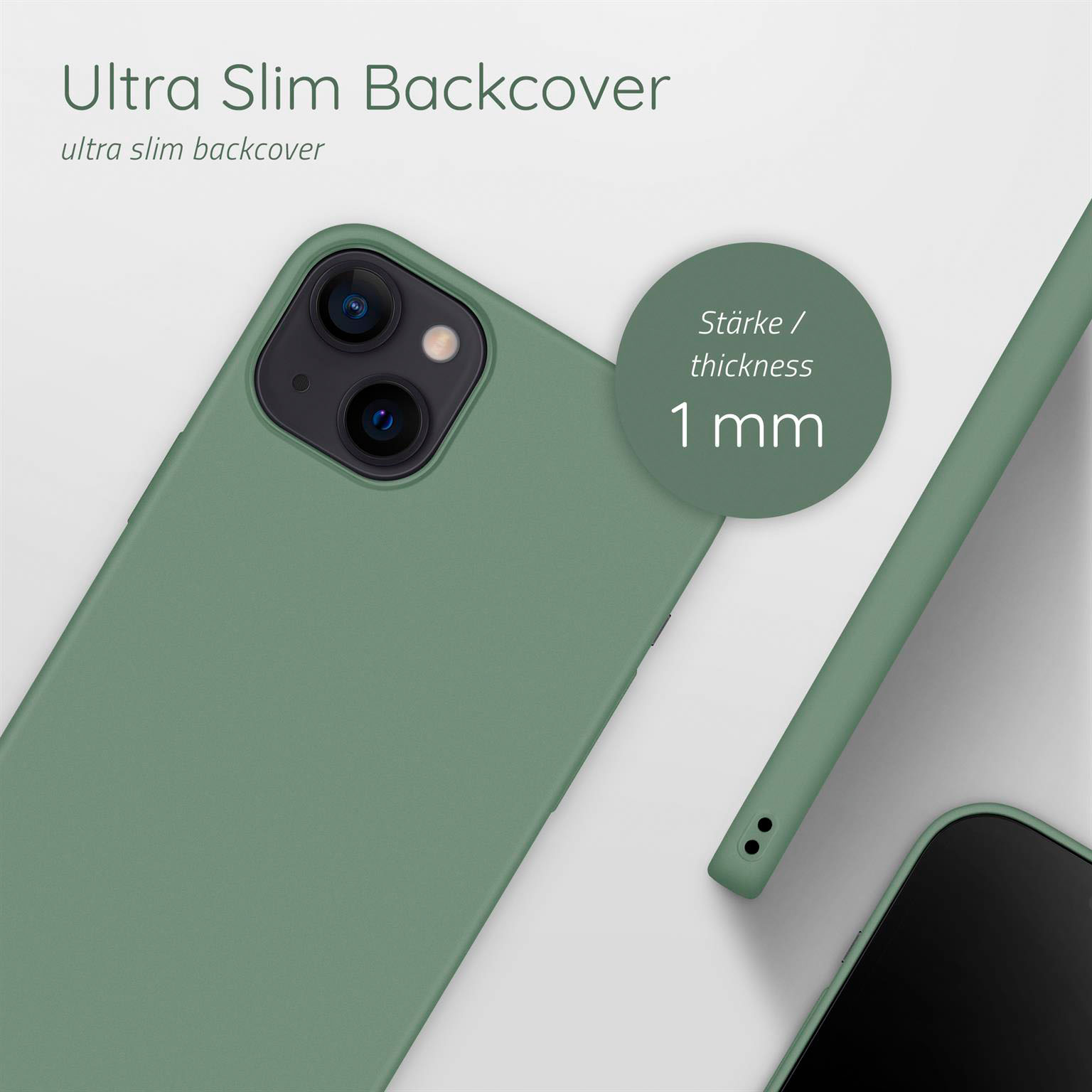 Grüne Handyhülle und Telefon. Das Telefon ist grün. Weißer Hintergrund. Dicke 1 mm.