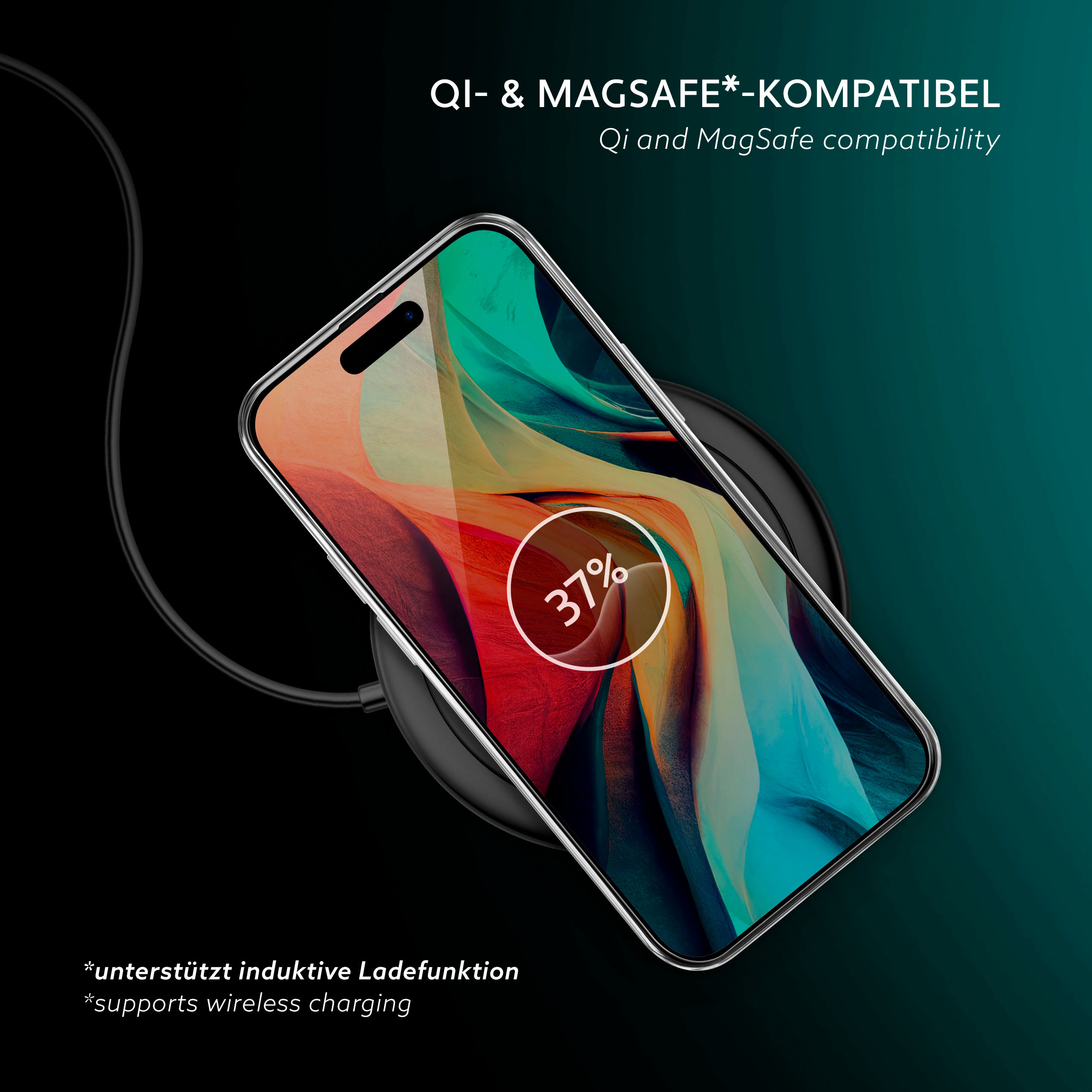 Telefon auf kabellosem Ladegerät, zeigt 37% Ladung. Dunkler Hintergrund mit Text zu Qi und MagSafe.