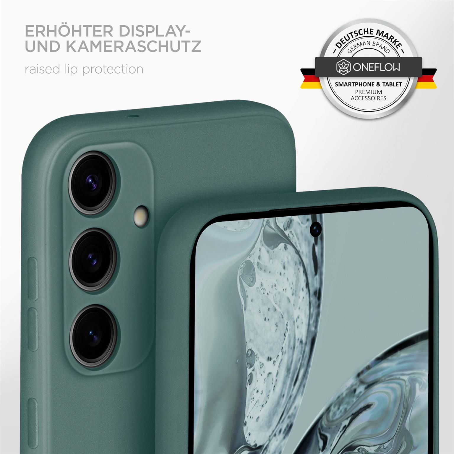 Zwei grüne Handyhüllen, Nahaufnahme der Kamera und des Bildschirmschutzes.