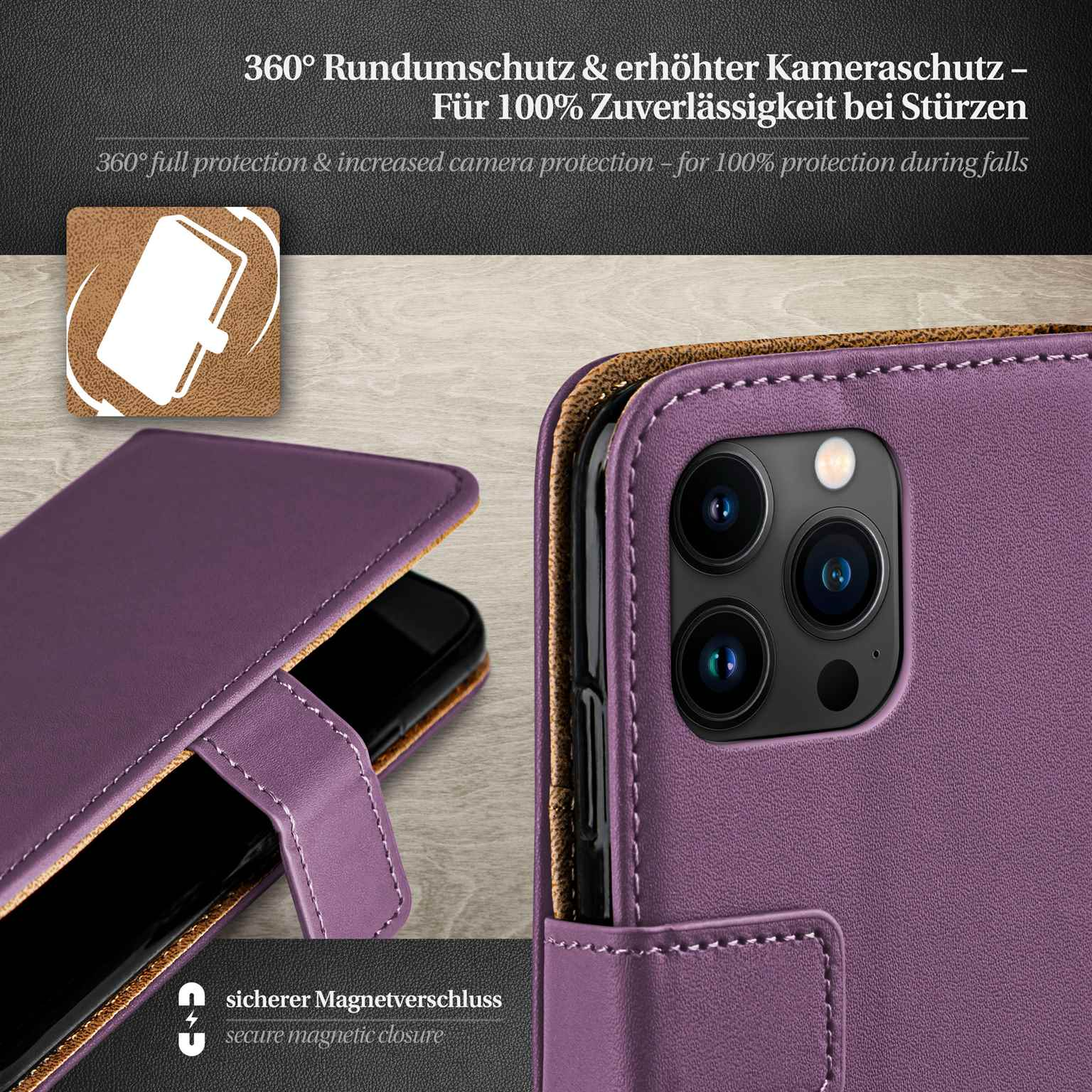 Lila Handyhülle geöffnet, Telefon sichtbar. Text: 360° Schutz. Magnetverschluss.