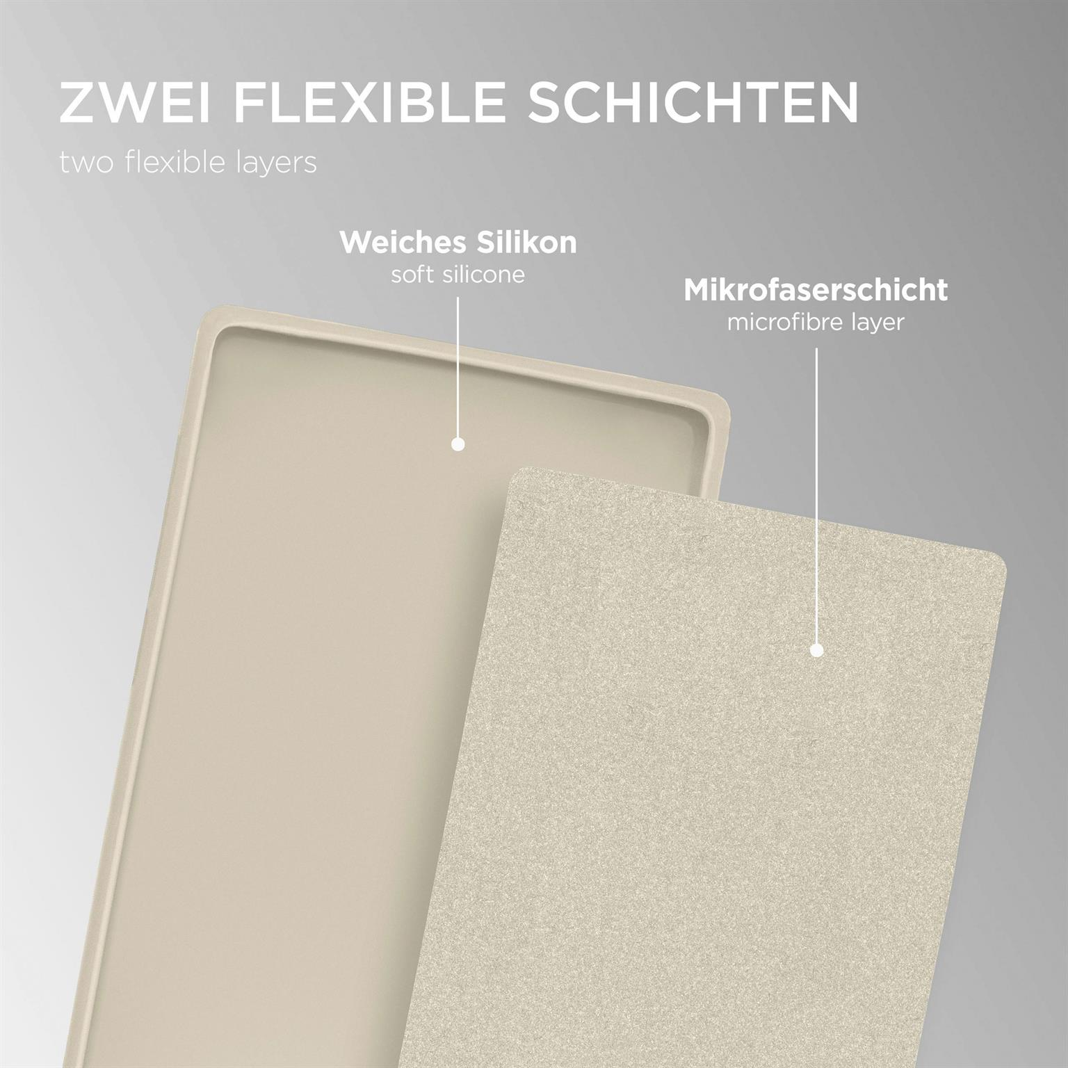 Zwei beige Schichten. Oben: weiches Silikon. Unten: Mikrofaser. Text: Zwei flexible Schichten.
