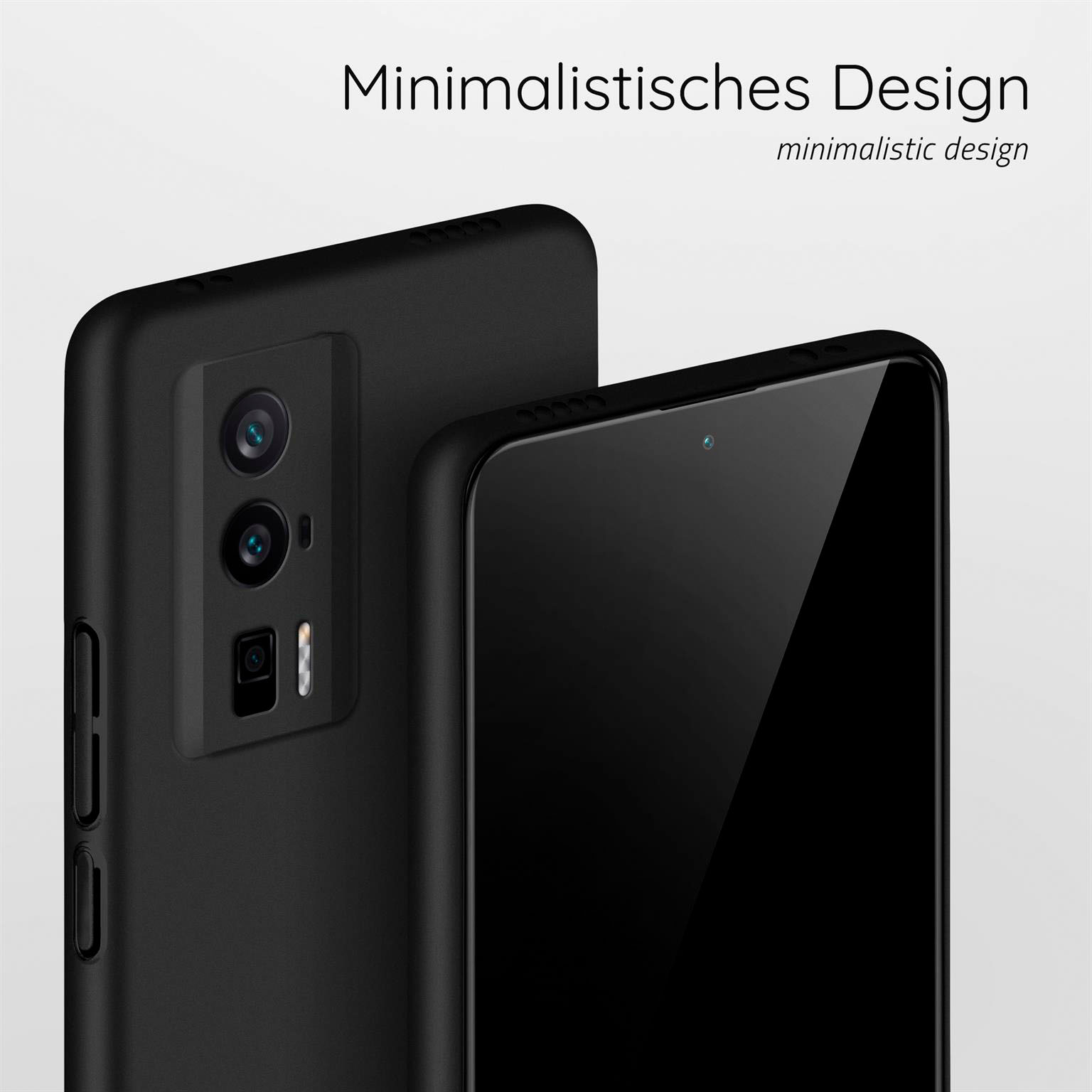 Zwei schwarze Telefone mit Hülle. Die Telefone haben eine Kamera und liegen auf weißem Untergrund.