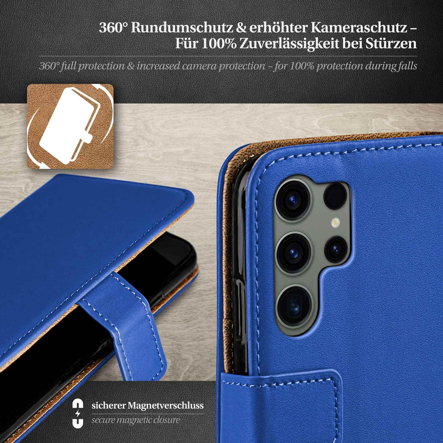 Blaue Handyhülle mit Telefon darin. Hülle hat Magnetverschluss und Kameraschutz. Braune Oberfläche.