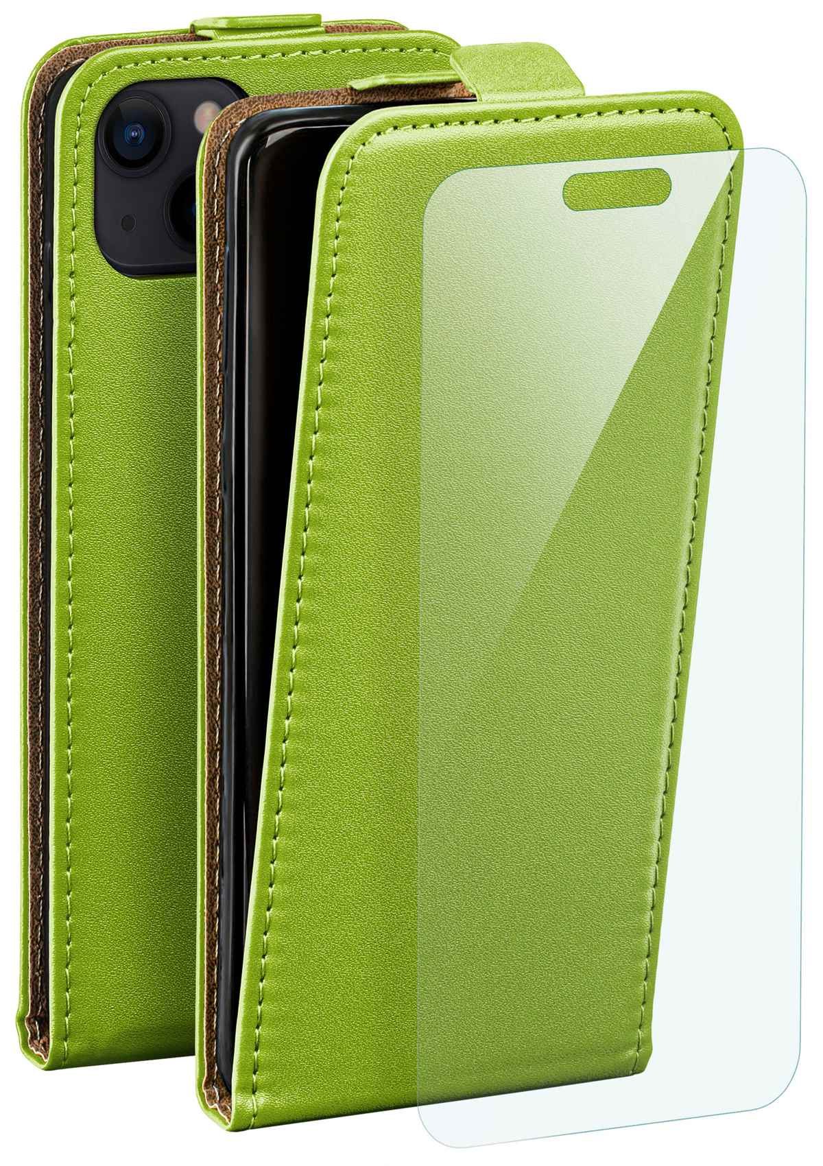 Grüne Handyhülle mit Telefon und Displayschutzfolie.