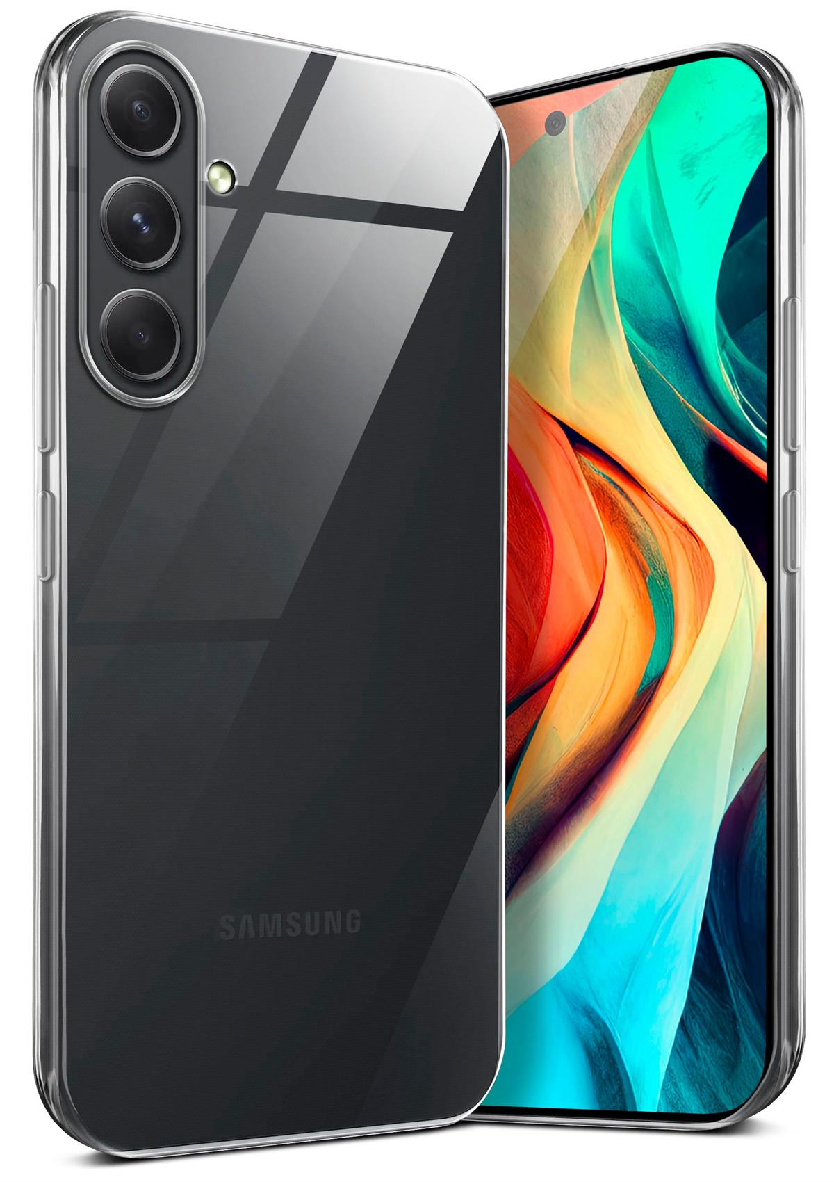 Transparente Handyhülle. Telefon hat Kameras. Verschwommener Hintergrund mit abstrakter Kunst.