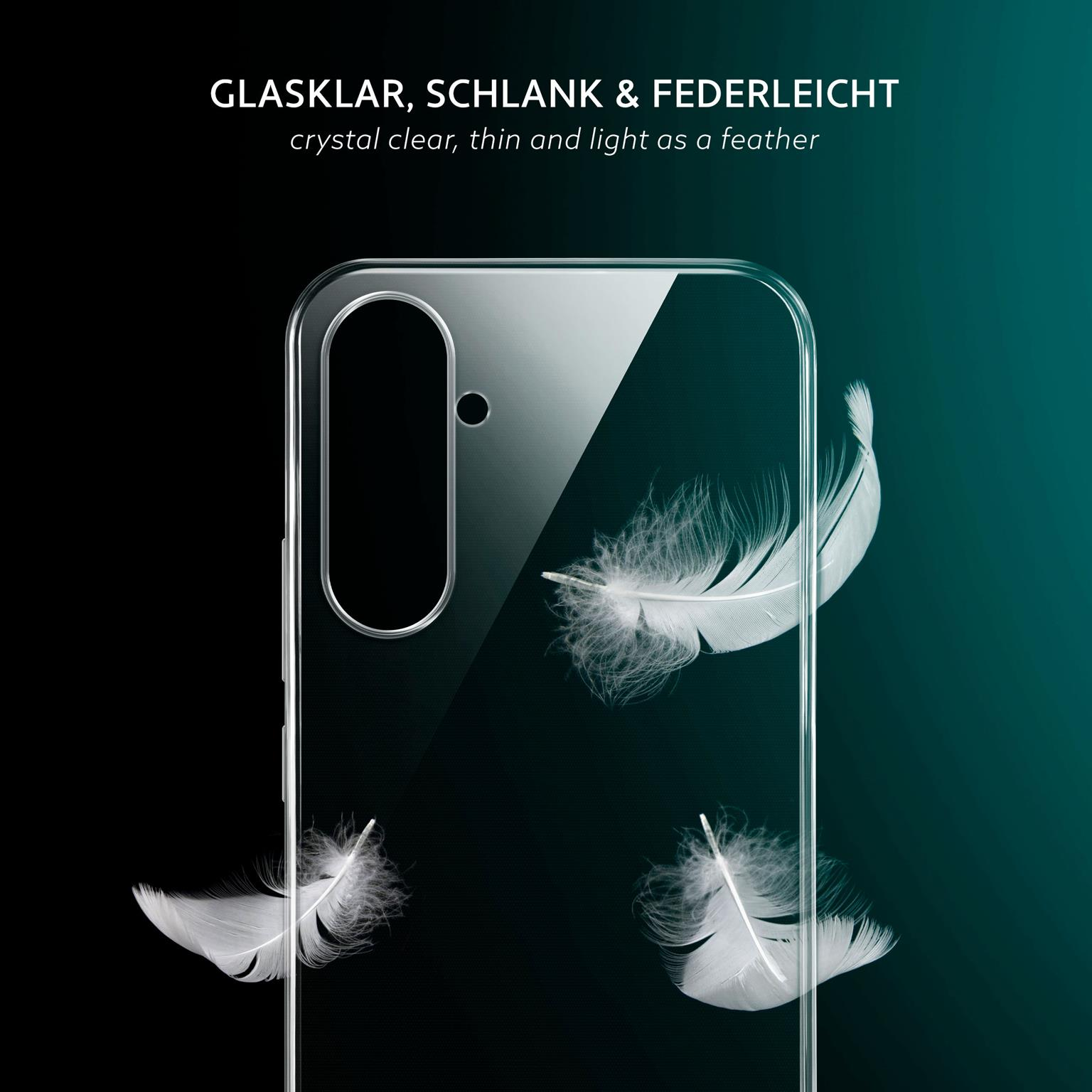 Klare Handyhülle auf teal-farbenem Hintergrund. Weiße Federn schweben am Telefon.