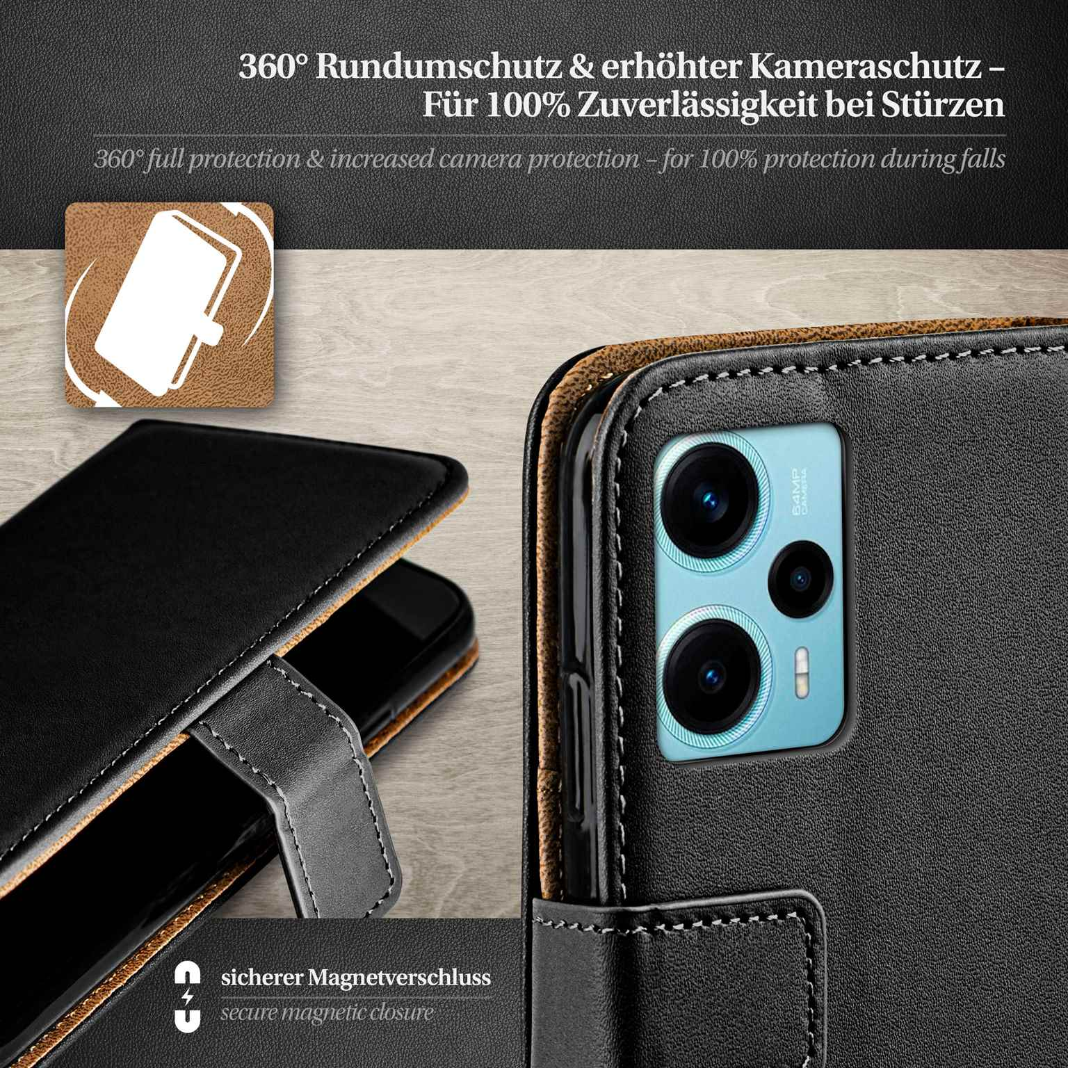 Schwarze Handyhülle mit einem Telefon darin. Die Hülle ist offen. Nahaufnahme der Hülle.