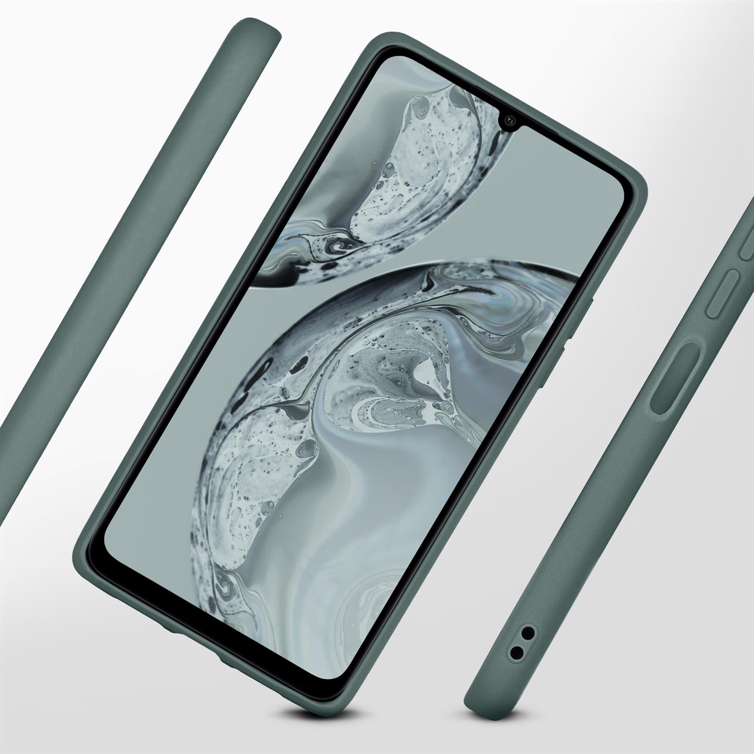 Schwarzes Telefon in braunem Case.