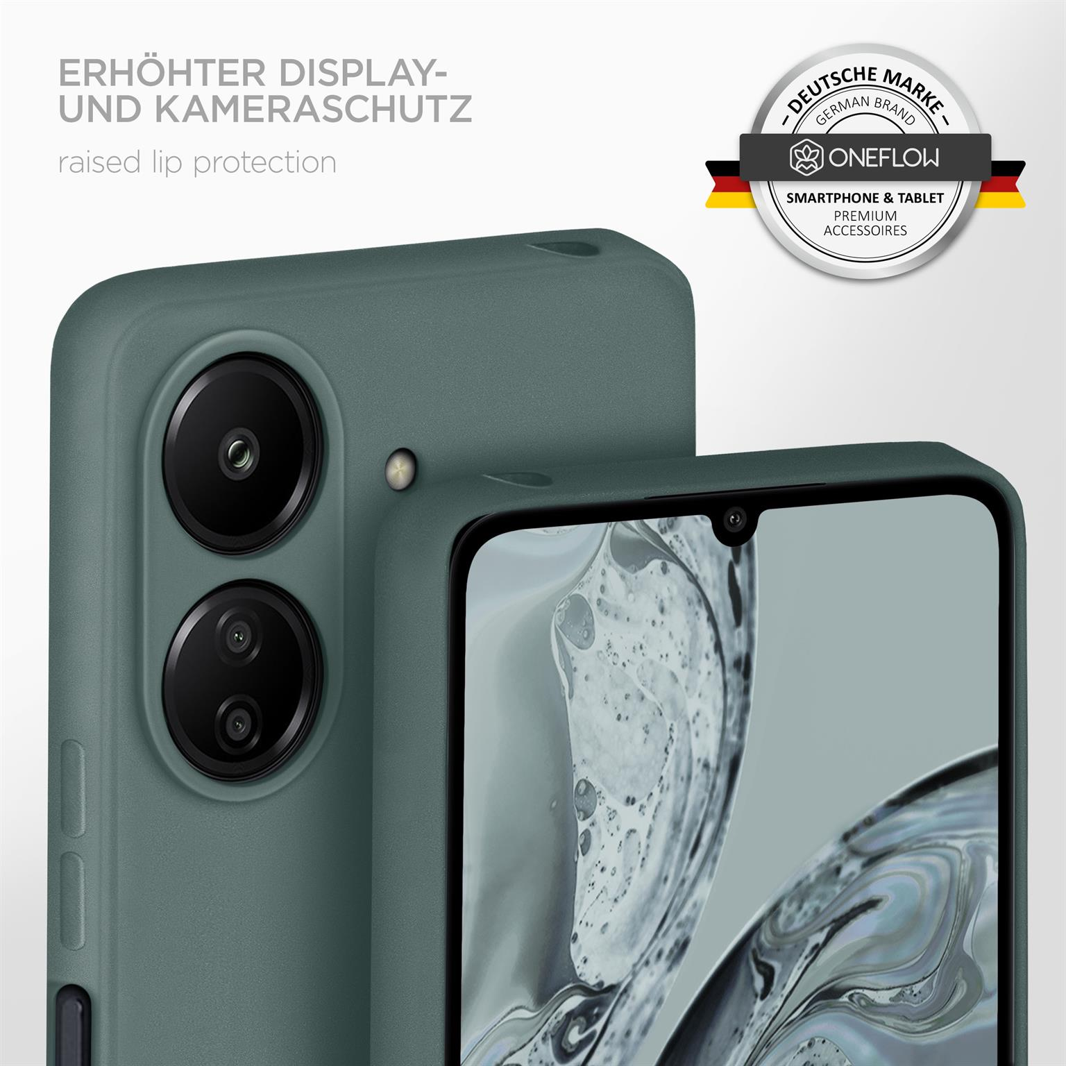 Grüne Handyhülle mit erhöhtem Lippenschutz. Deutsches Markenlogo sichtbar. Dunkler Hintergrund.