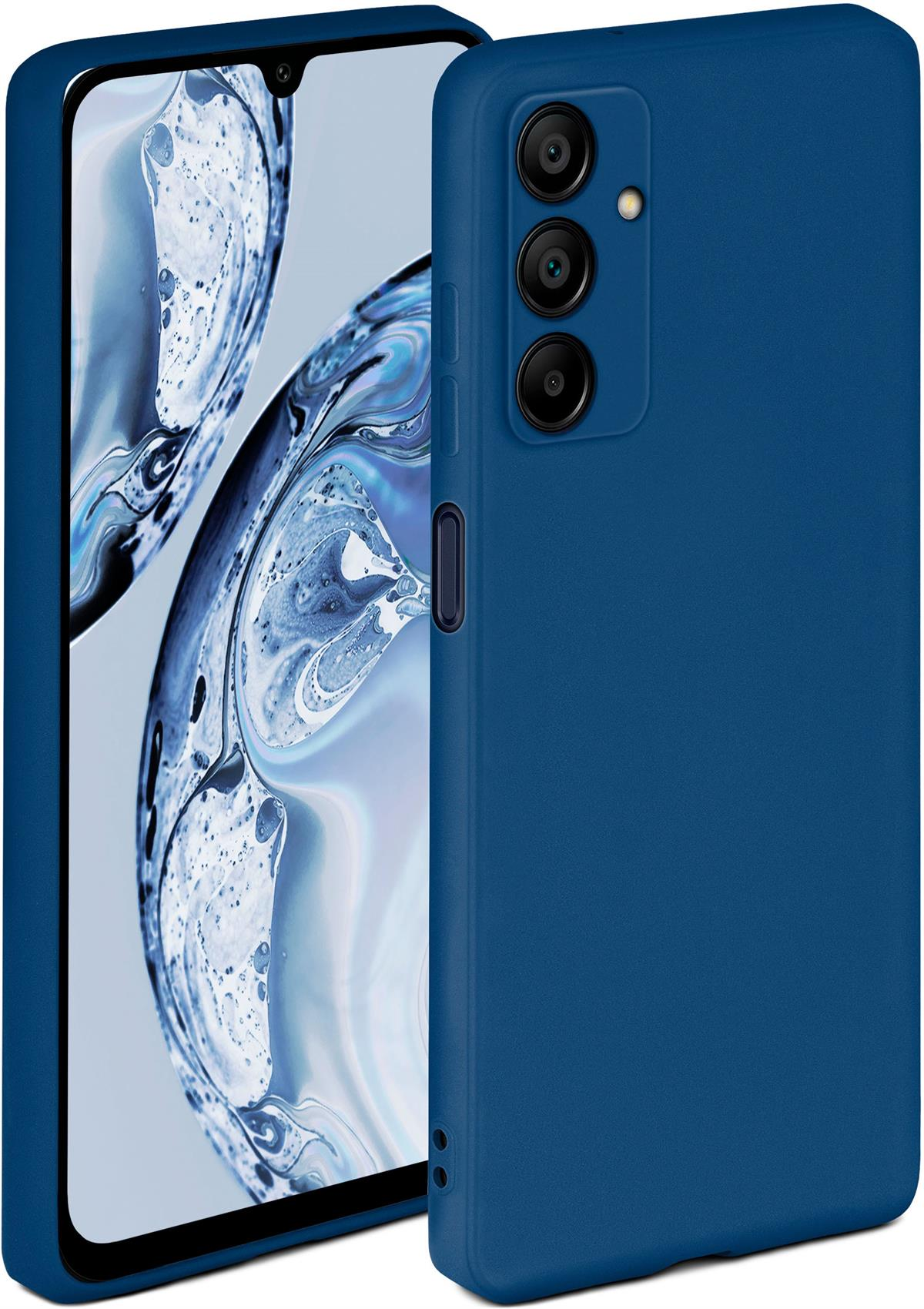 Blaue Handyhülle mit Telefon, Kameraausschnitten, zeigt eine Seitentaste.