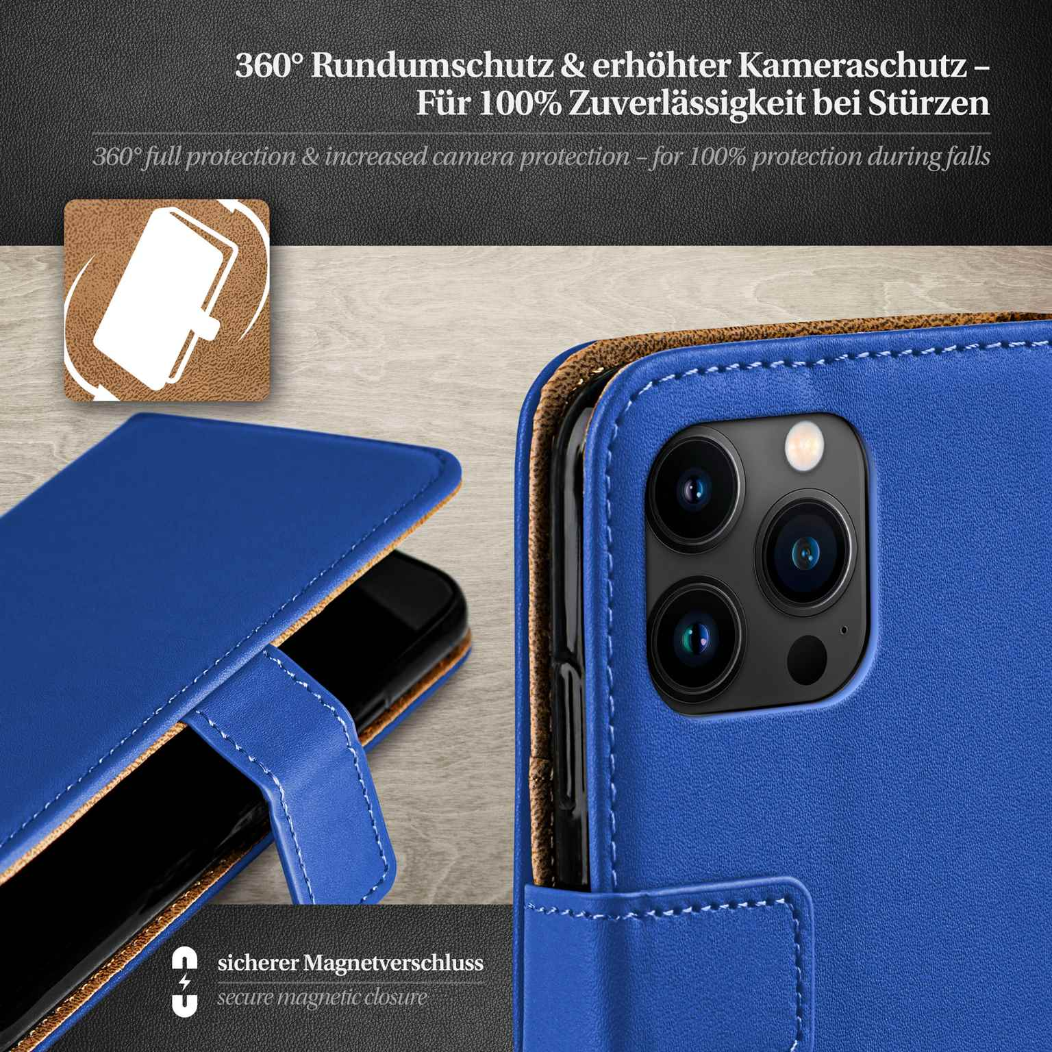 Blaue Handyhülle mit Magnetverschluss. Telefon im Inneren. Text über Schutz bei Stürzen.