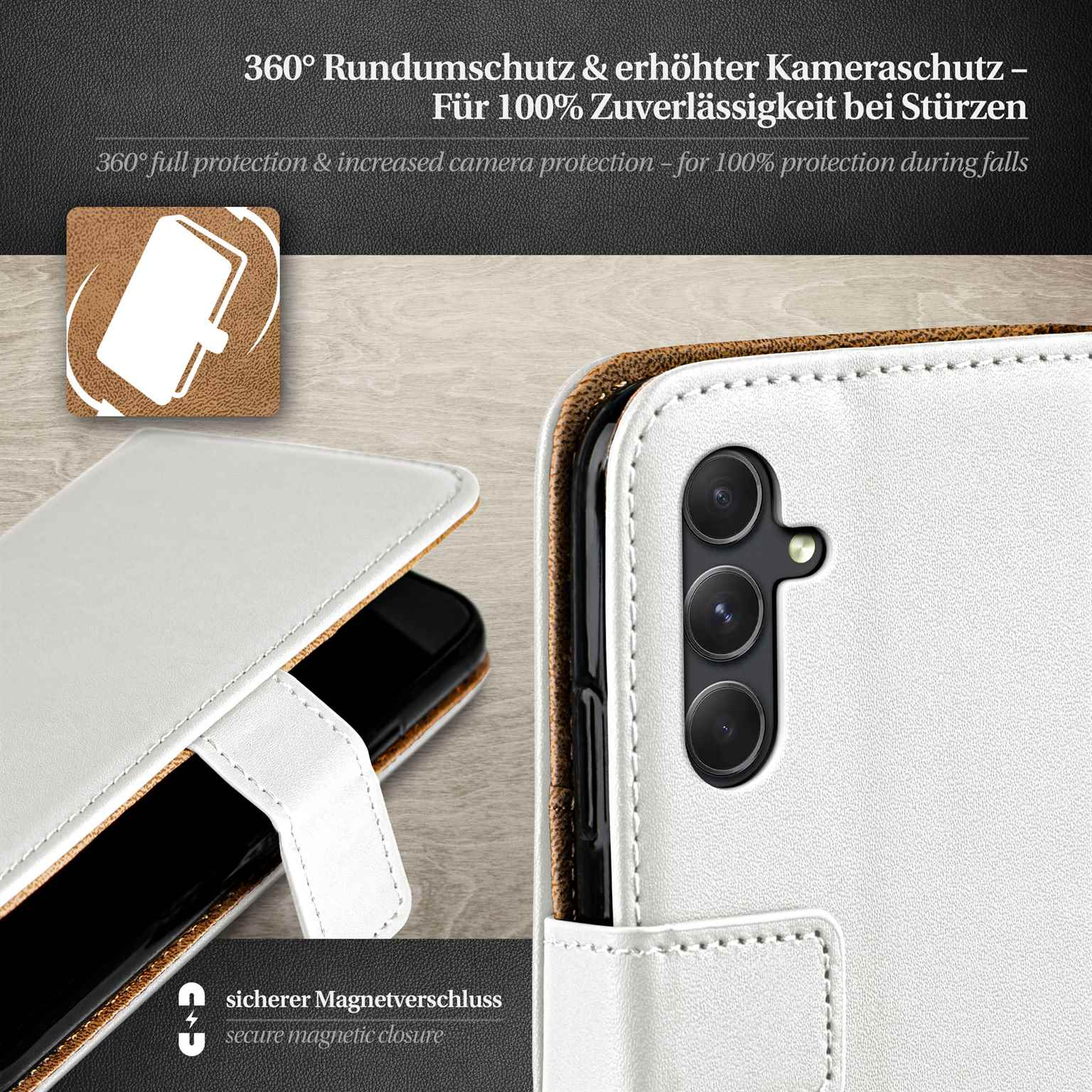 Weiße Handyhülle, geöffnet, mit Telefon, Magnetverschluss.
