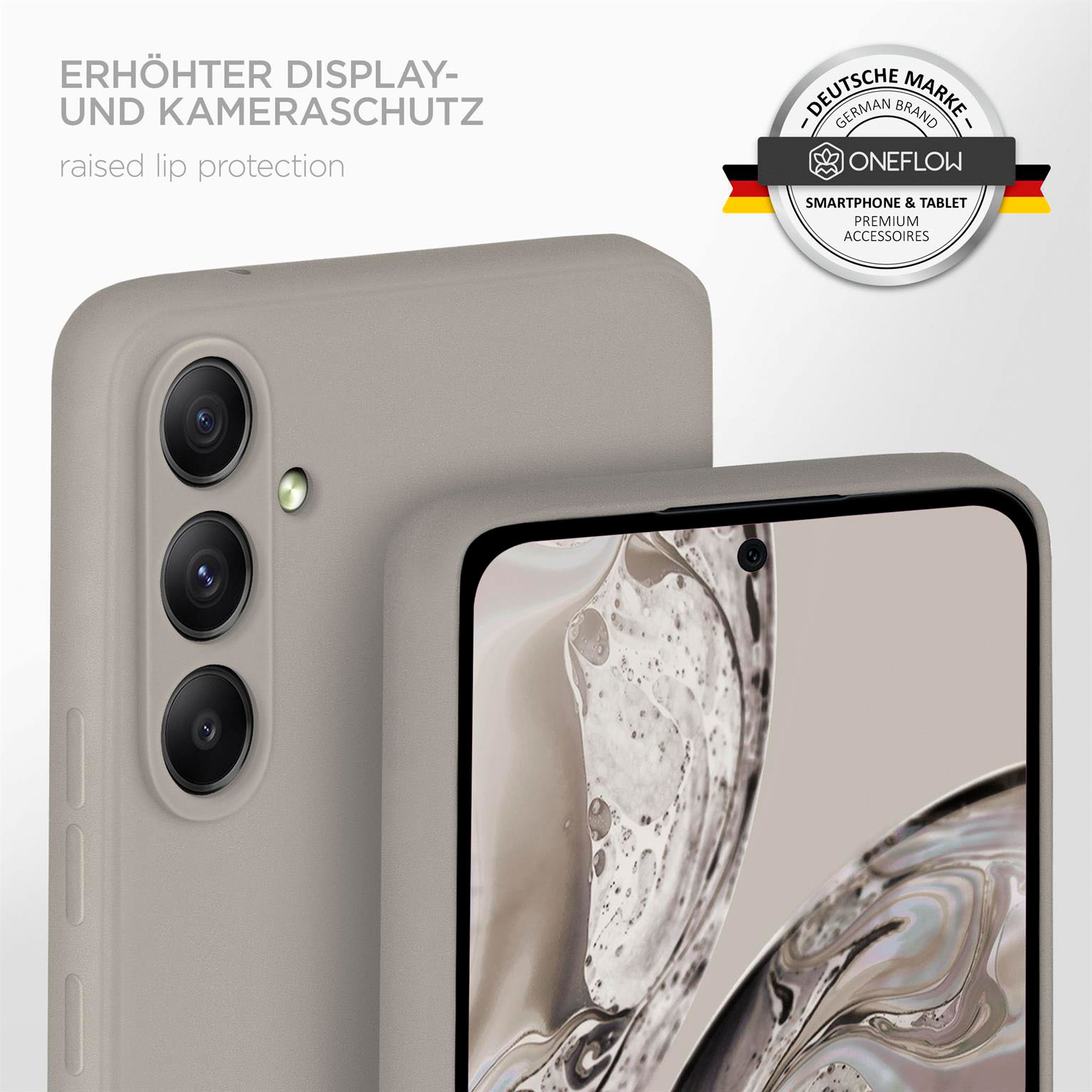 Handyhülle mit erhöhter Kante, die den Bildschirm schützt. Graue Hülle auf grauem Hintergrund.