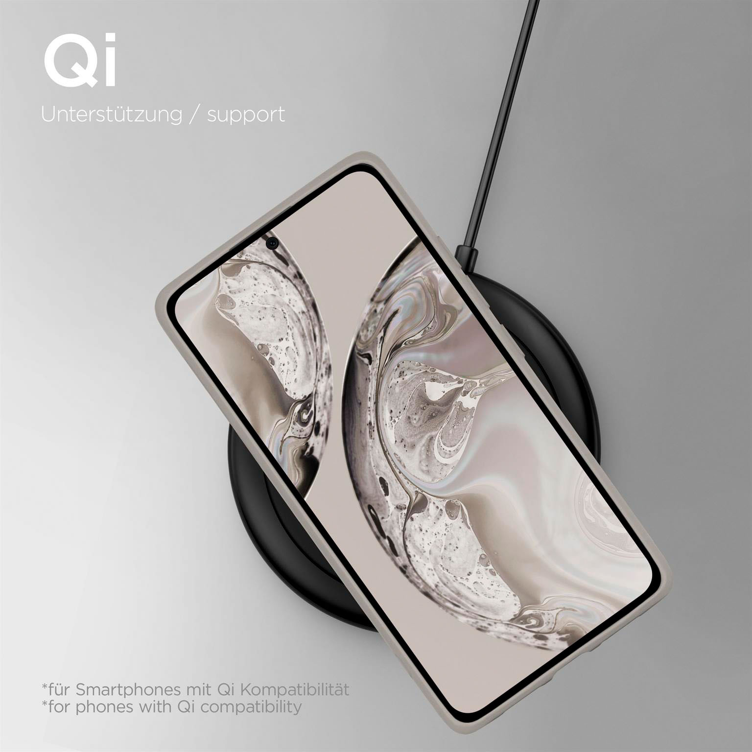 Ein schwarzes Smartphone, das auf einem kabellosen Ladegerät geladen wird, mit einer 42%-Anzeige.