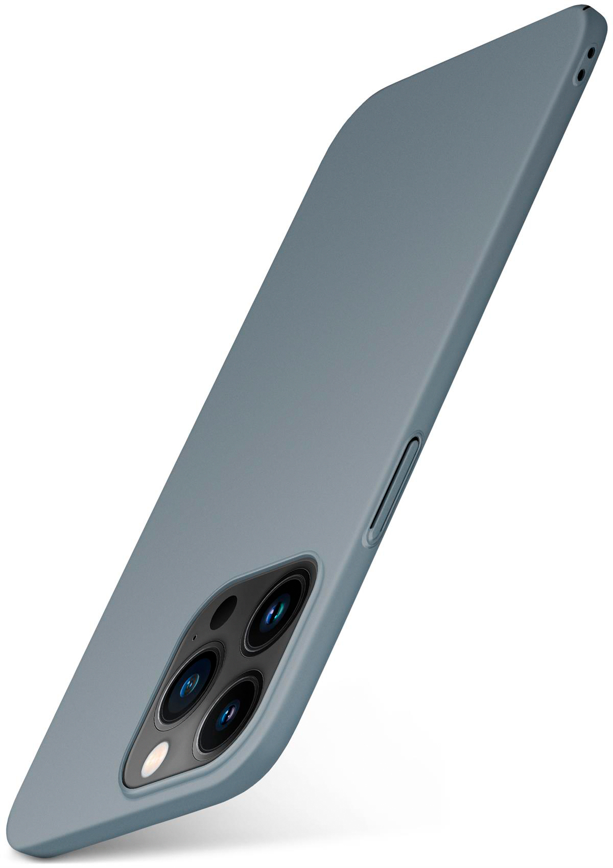 Eine blaue Telefonhülle abgewinkelt, zeigt Kameralinsen. Die Hülle hat eine glatte Oberfläche. Weißer Hintergrund.