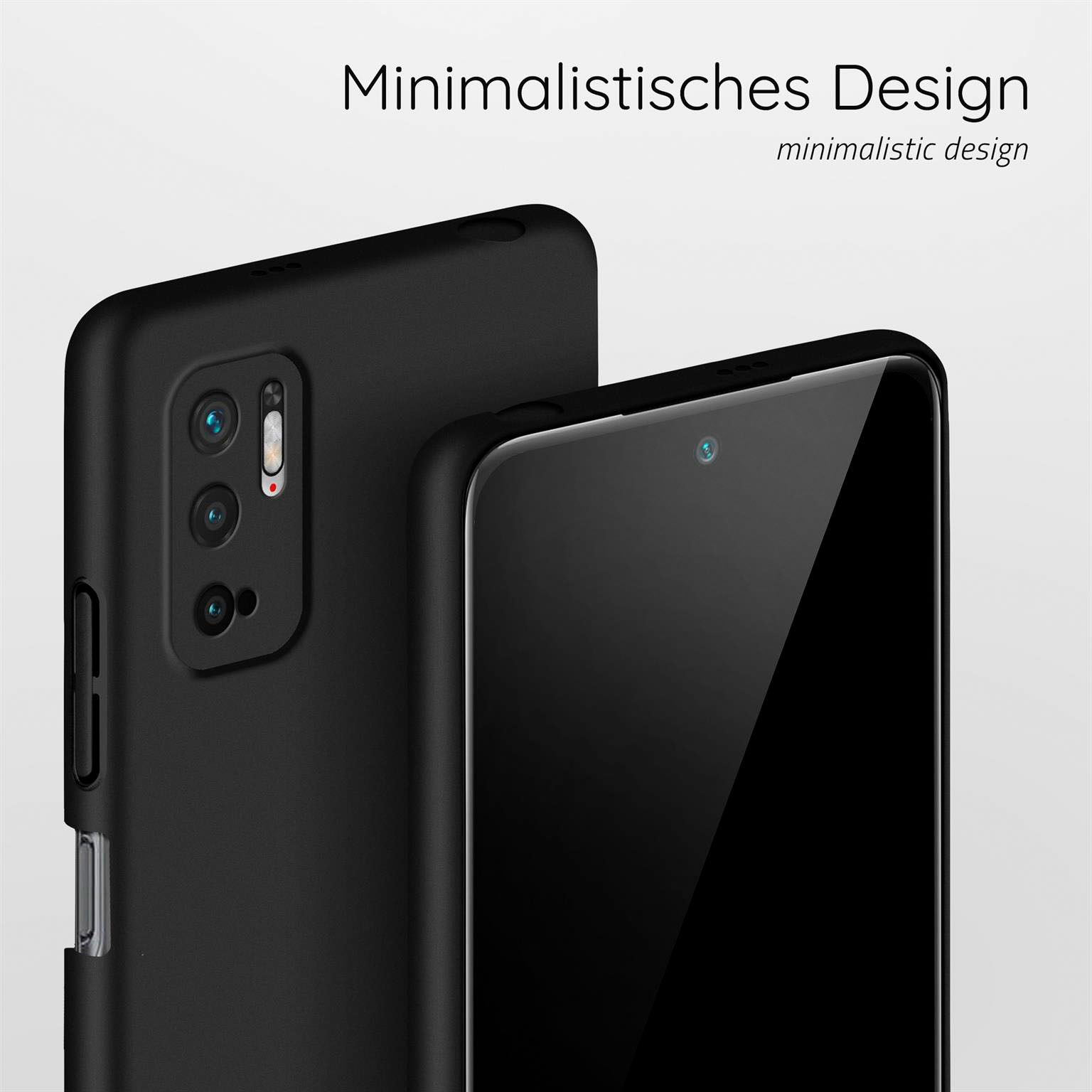 Schwarze Handyhülle mit schwarzem Handy. Das Design ist minimalistisch.