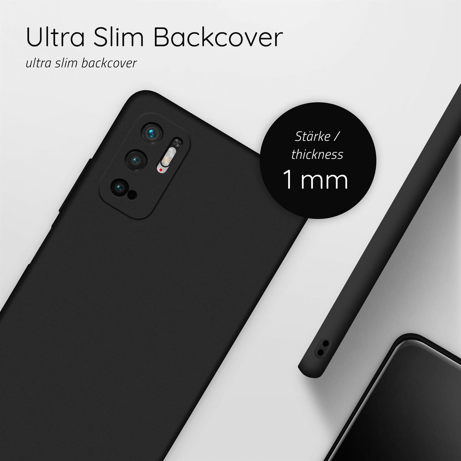 Schwarze Handyhülle. Zeigt die Dicke von 1 mm. Weiße Oberfläche. Ultra schlanker Backcover-Text.