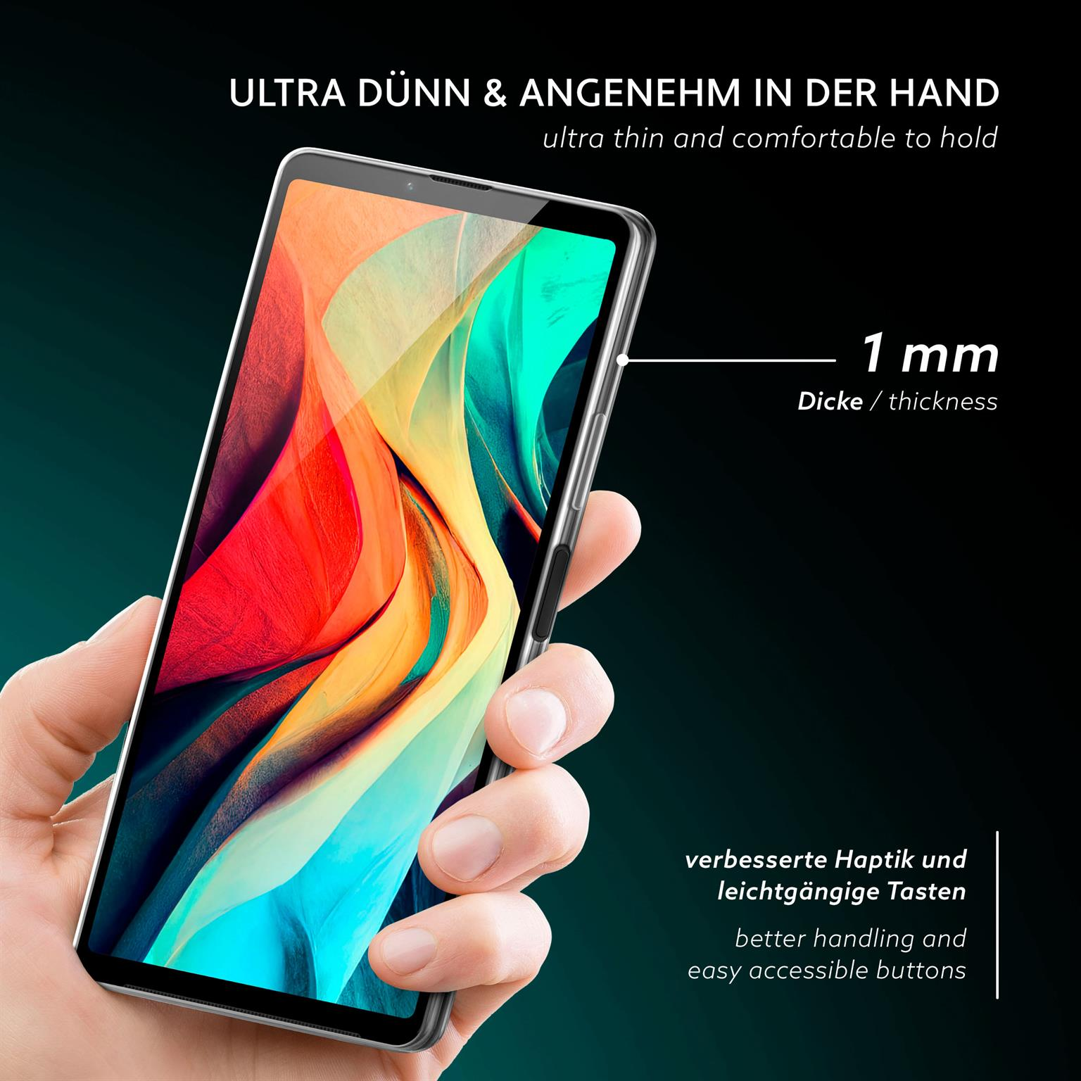 Hand hält Telefon, zeigt transparente Hülle mit 1mm Dicke und leicht zugänglichen Tasten.