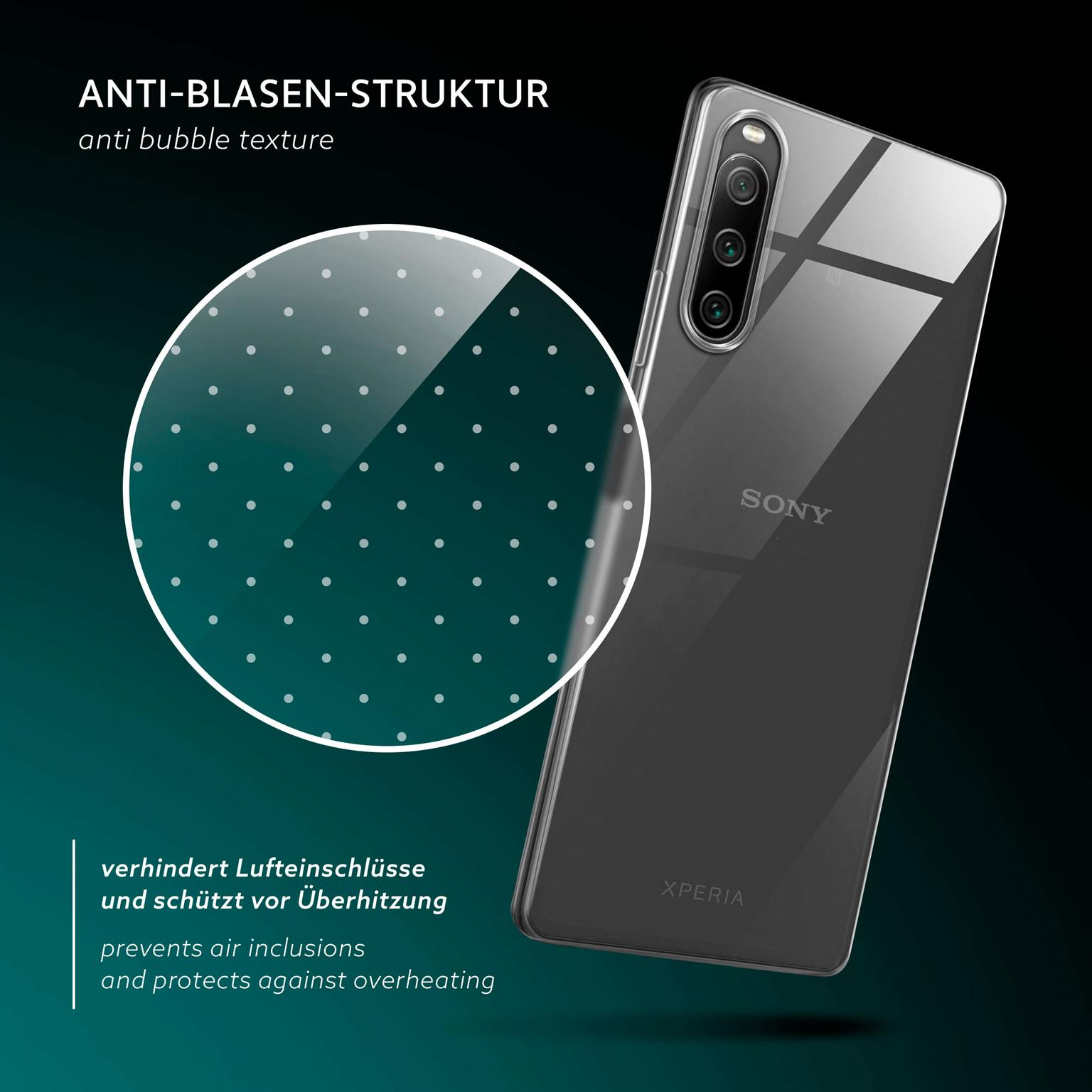 Eine transparente Handyhülle mit Anti-Blasen-Textur und Telefon, dunkler Hintergrund.