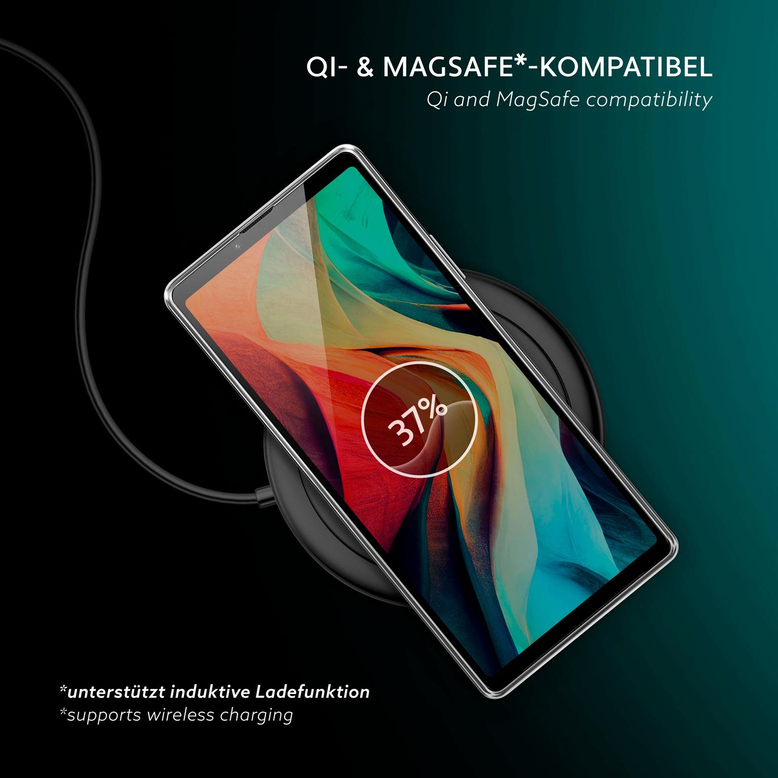 Tablet auf einem kabellosen Ladegerät mit Grafik, die 37% Ladung anzeigt, mit Text.