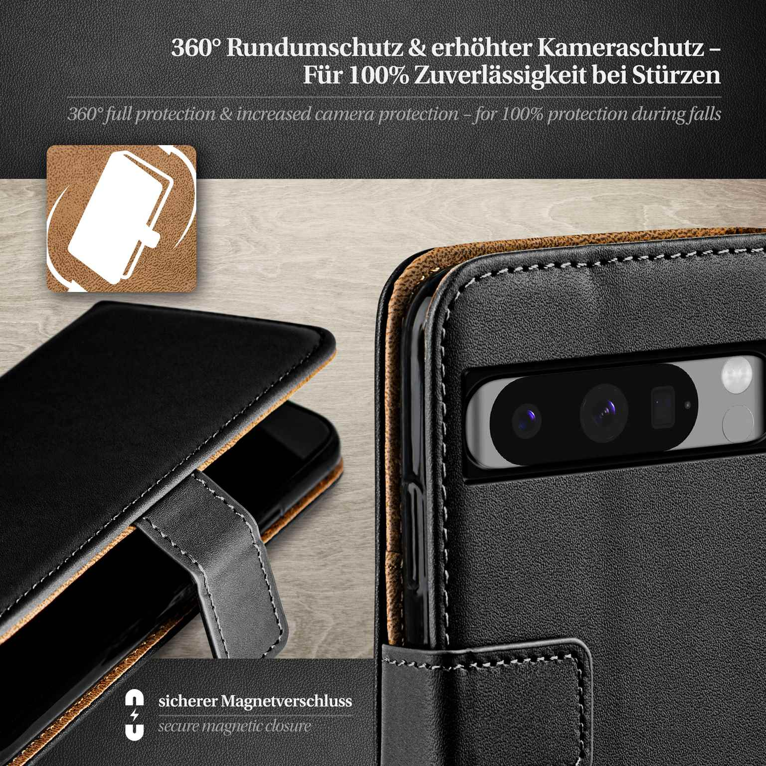 Eine Handyhülle mit einem Telefon darin. Die Hülle ist offen und hat einen Magnetverschluss.
