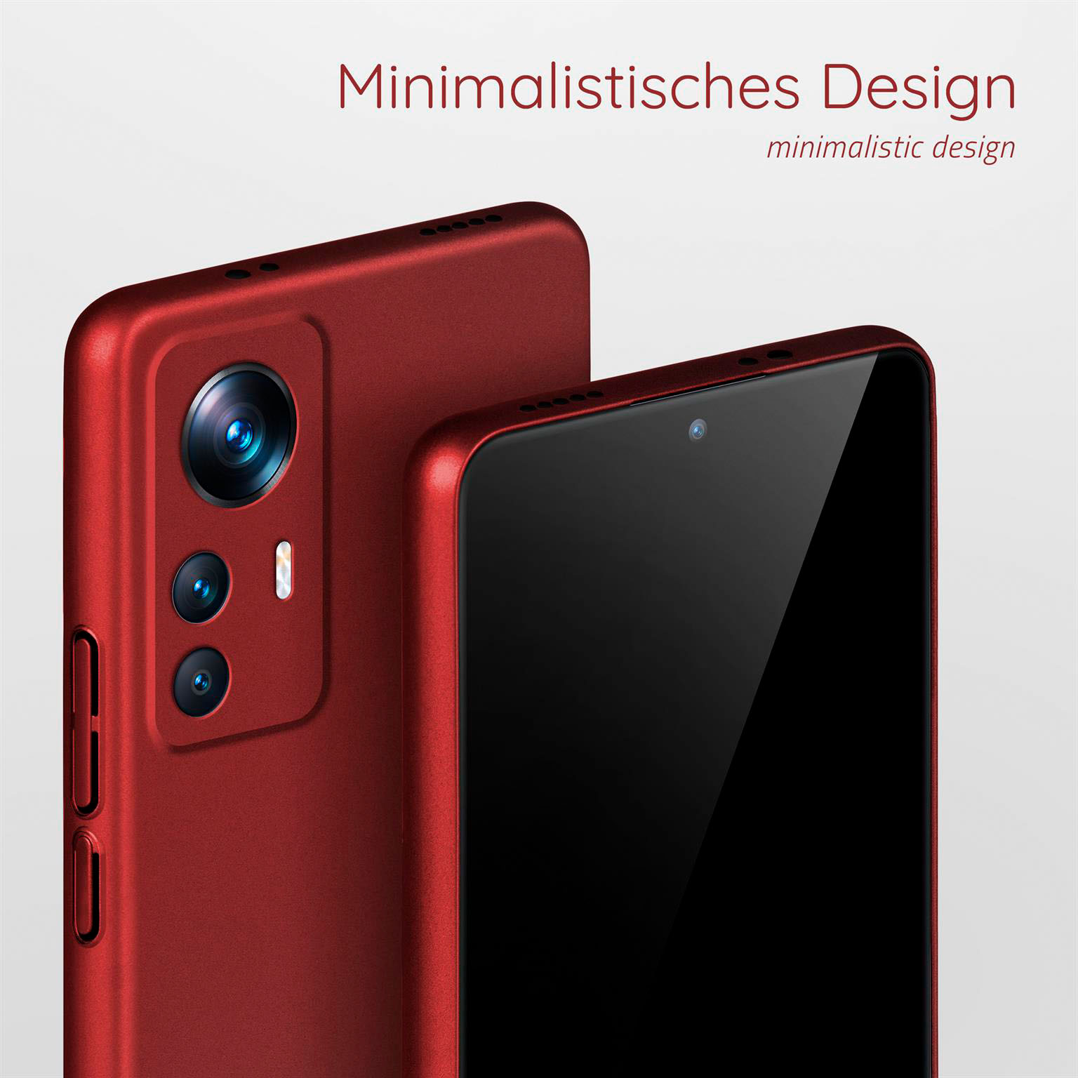 Rote Handyhülle mit minimalistischem Design, zeigt Kamera und Bildschirm.