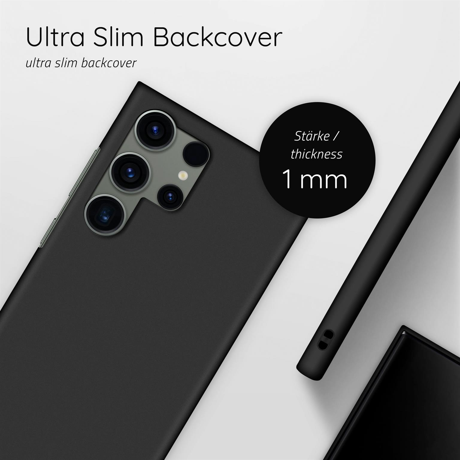 Schwarze Handyhülle mit Kameralinsen. Text: Ultra Slim Backcover. Ein schwarzer Stift liegt rechts.