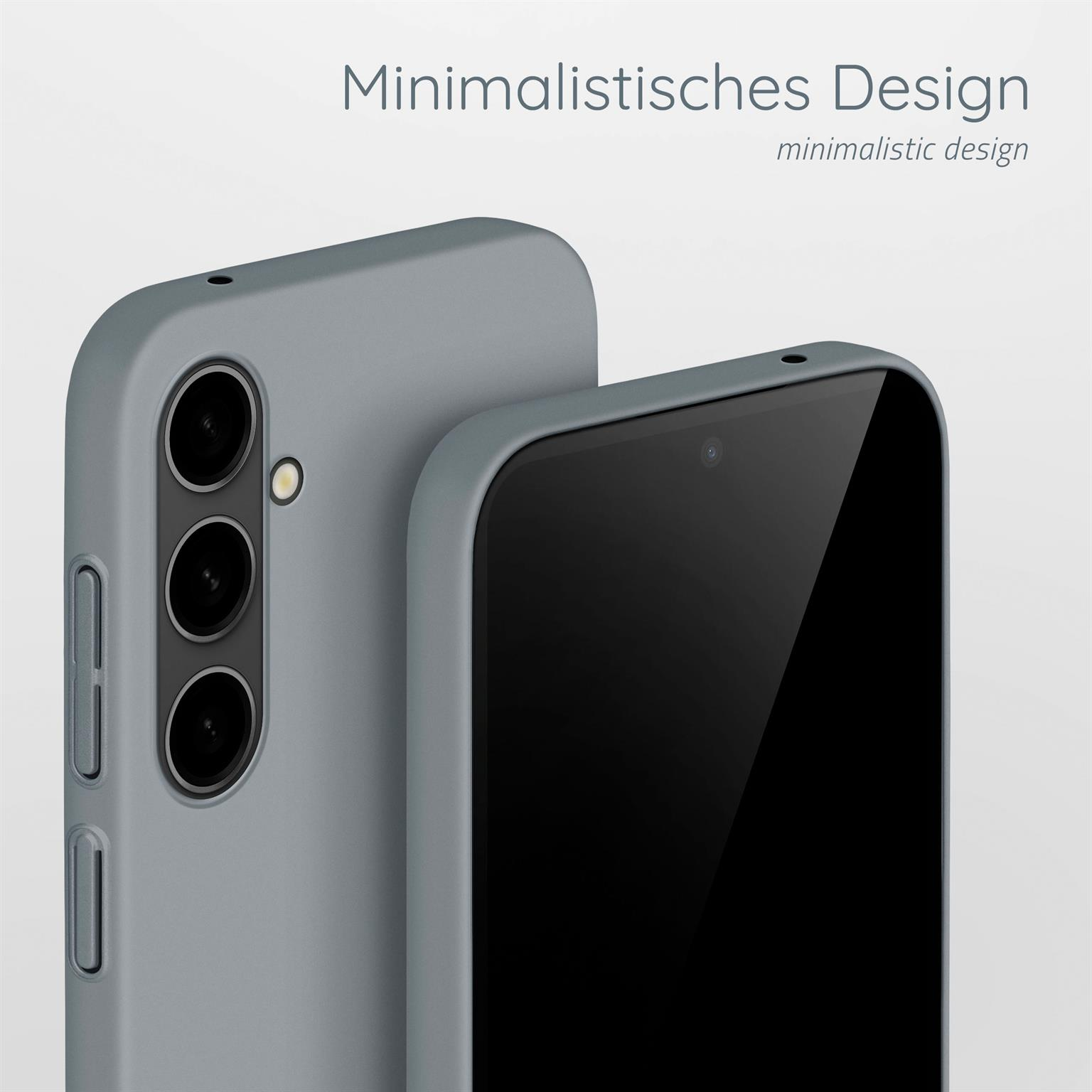 Zwei graue Handyhüllen, eine vor der anderen. Der Hintergrund ist weiß.