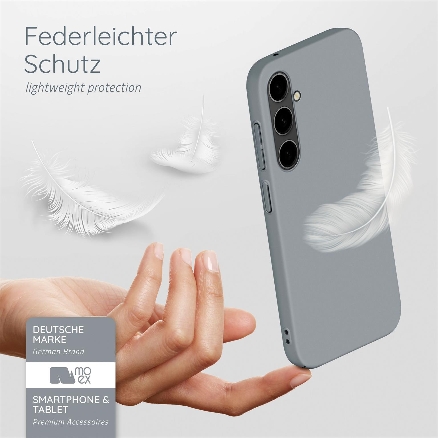 Graue Handyhülle mit weißer Feder und einer Hand. Die Hülle bietet leichten Schutz.