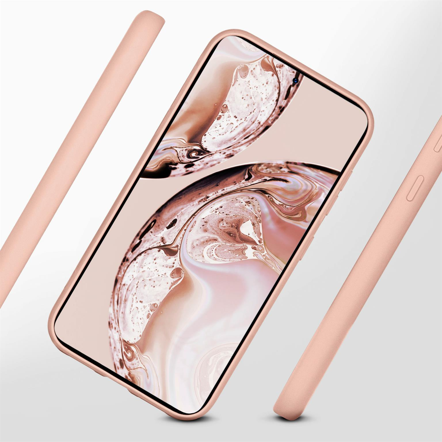 Ein rosa Handyhülle mit Telefon, vor hellem Hintergrund. Die Hülle schwebt in der Luft.
