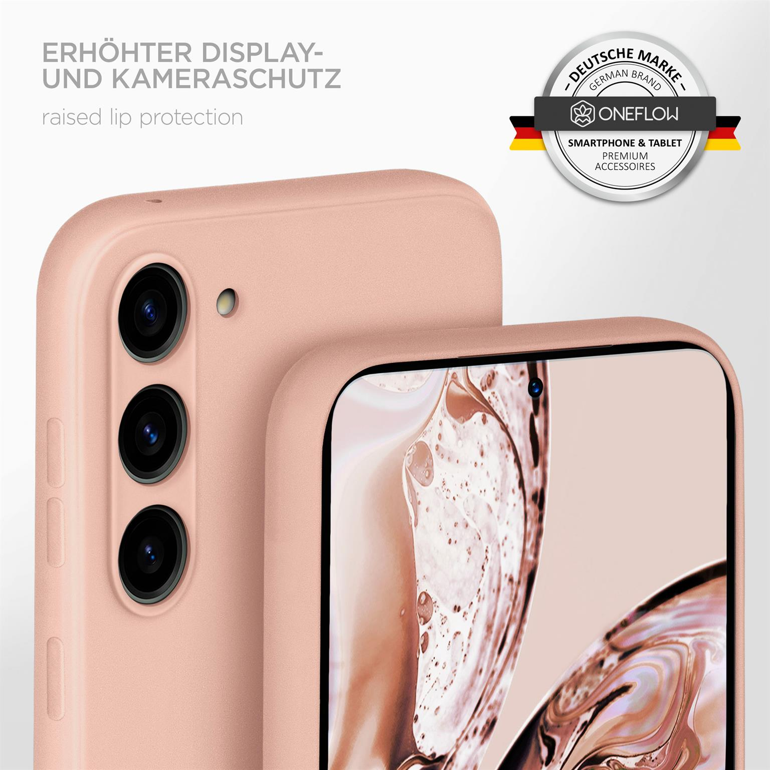 Zwei rosafarbene Handyhüllen, eine auf der anderen, mit Markenlogo im Hintergrund.