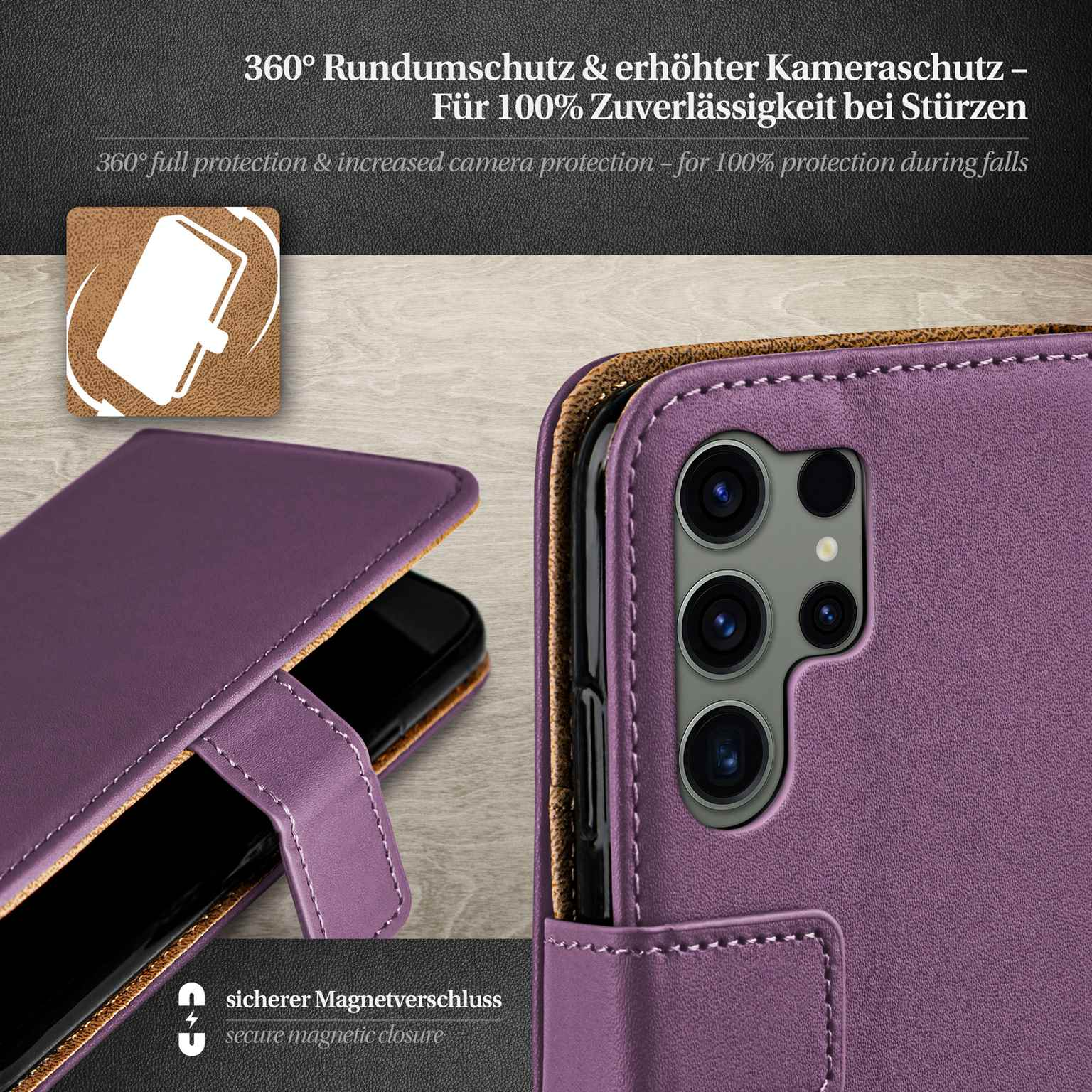 Lila Handyhülle mit Telefon darin. Nahaufnahme der Hülle und des Telefons mit Text oben.