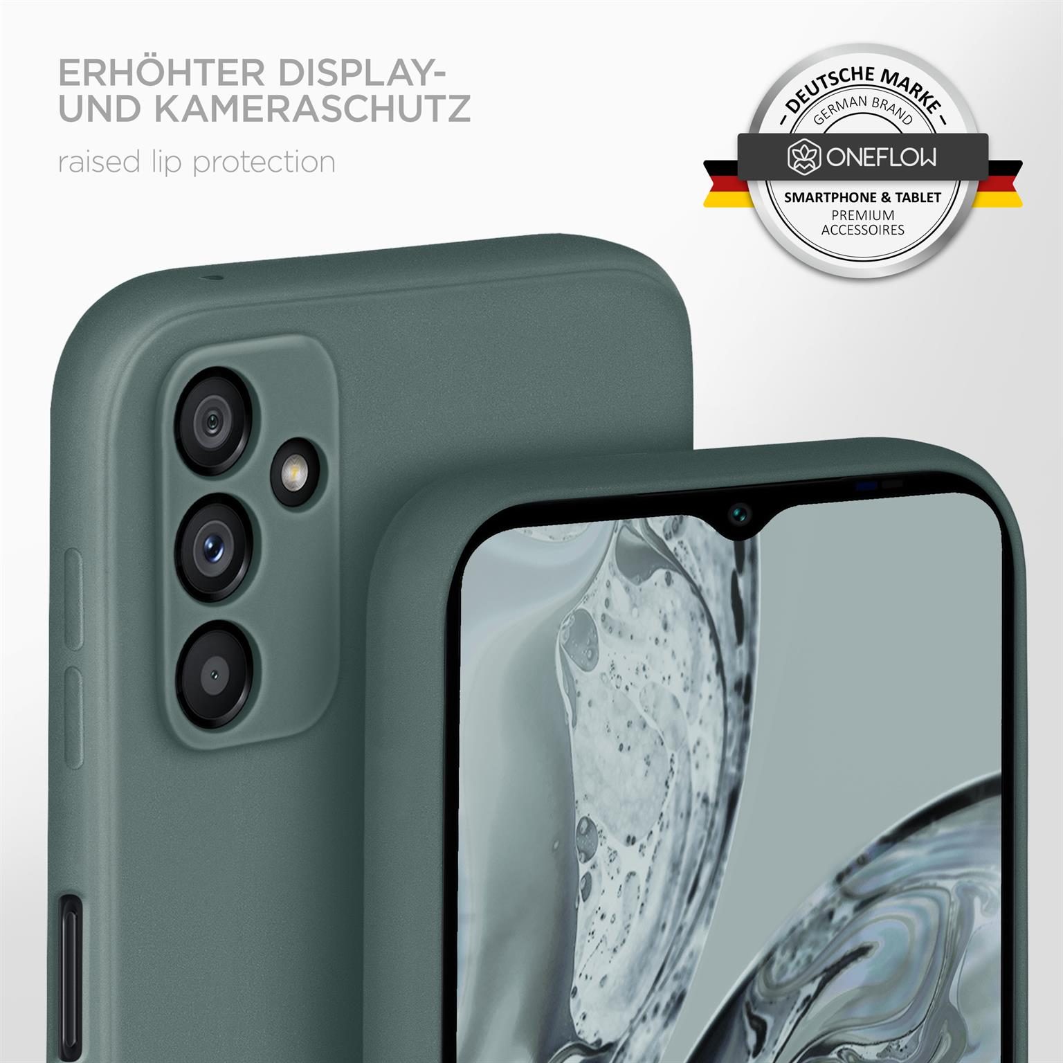 Telefon mit grüner Hülle mit erhöhtem Kameraschutz. Text: Erhöhter Lippenschutz.