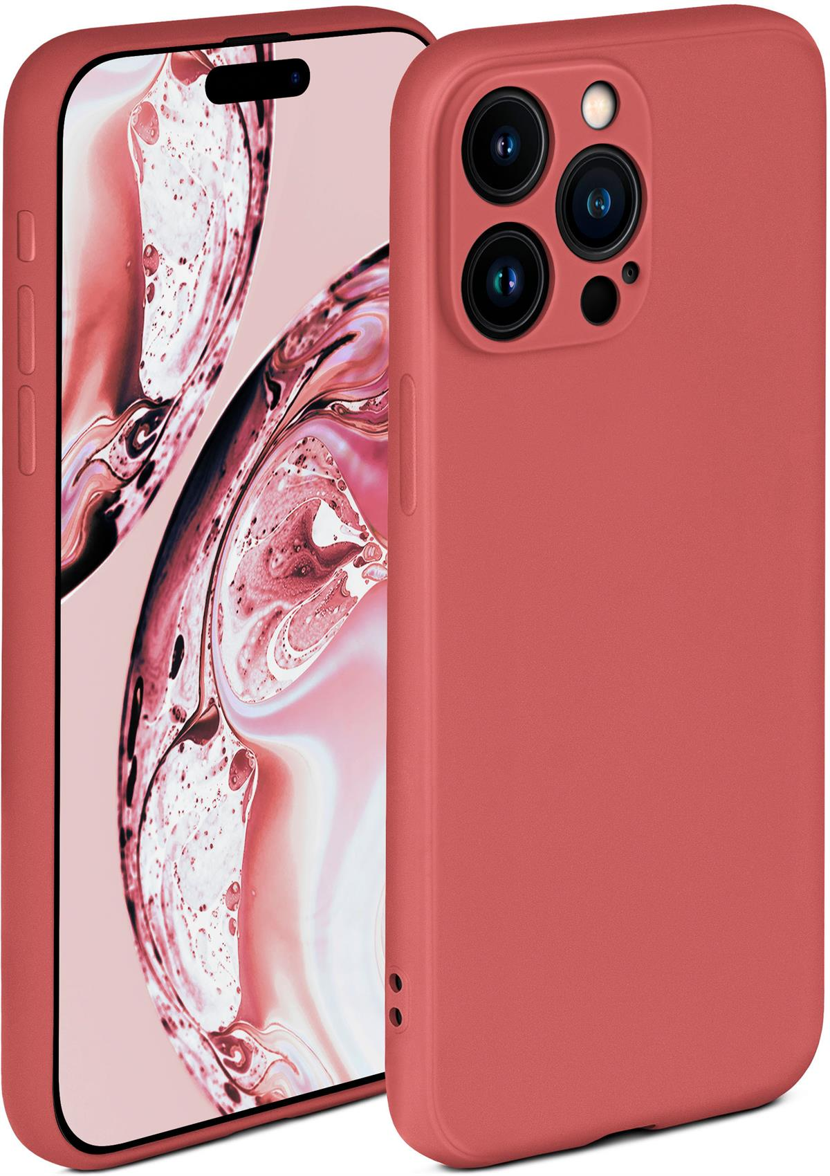 Rote Handyhülle, leicht angewinkelt. Telefon mit Kameralinsen auf der Rückseite. Rosa Hintergrund.