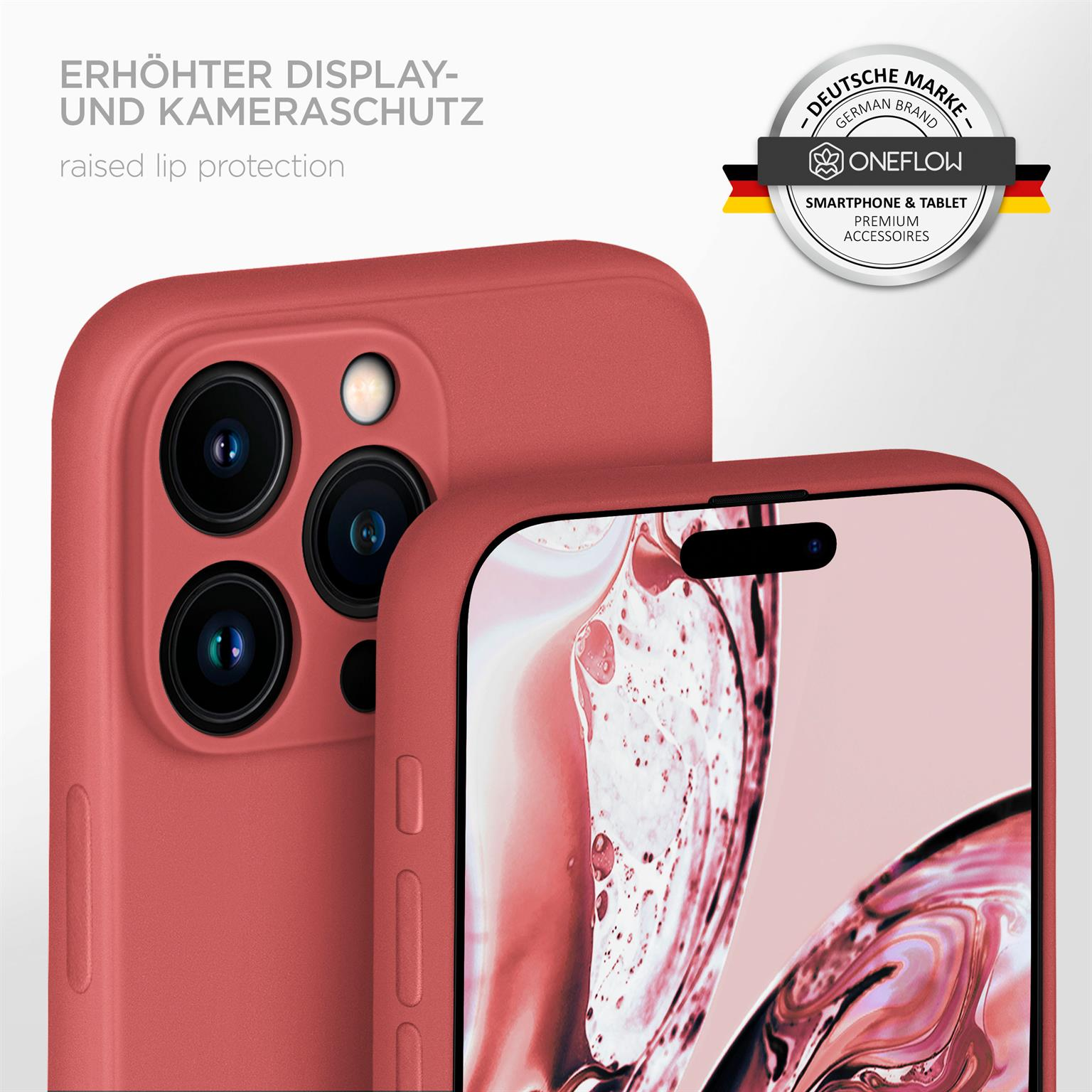 Rotes Telefon in Hülle, mit deutschem Markenlogo und Text.