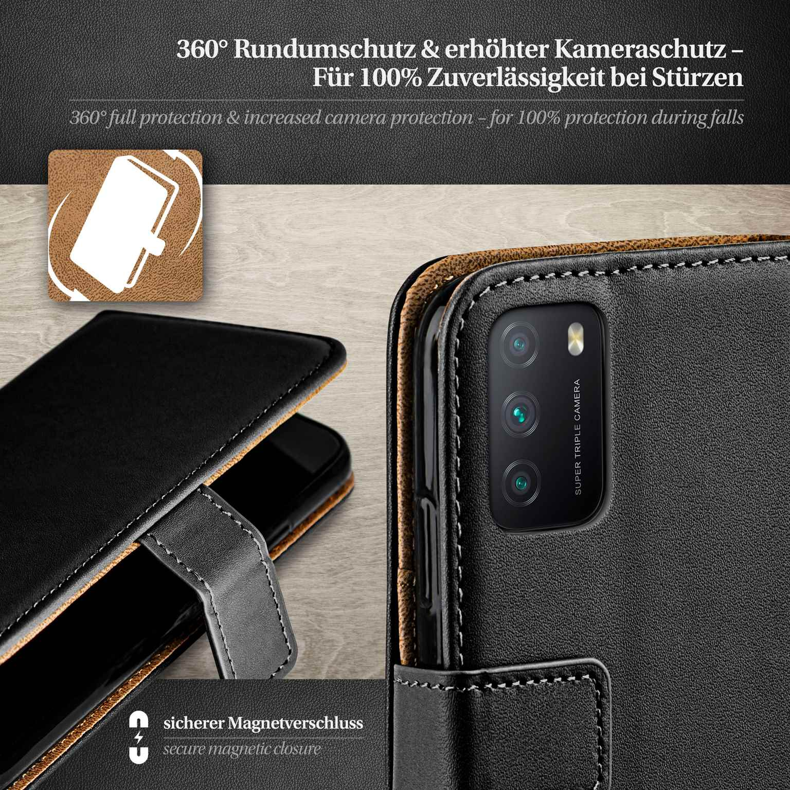 Schwarze Handyhülle mit Telefon. Rückseite hat Kameras. Magnetverschluss.