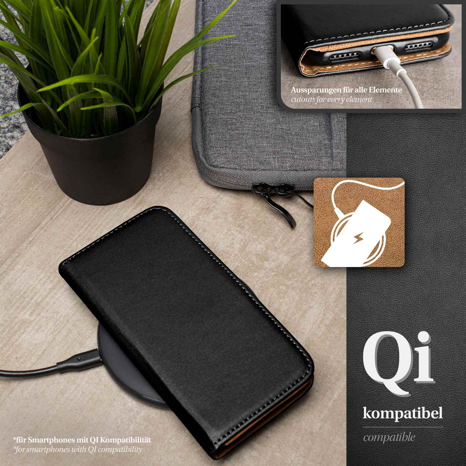 Schwarze Handyhülle auf einem kabellosen Ladegerät, mit einer Pflanze und einer grauen Tasche im Hintergrund, Qi kompatibel.
