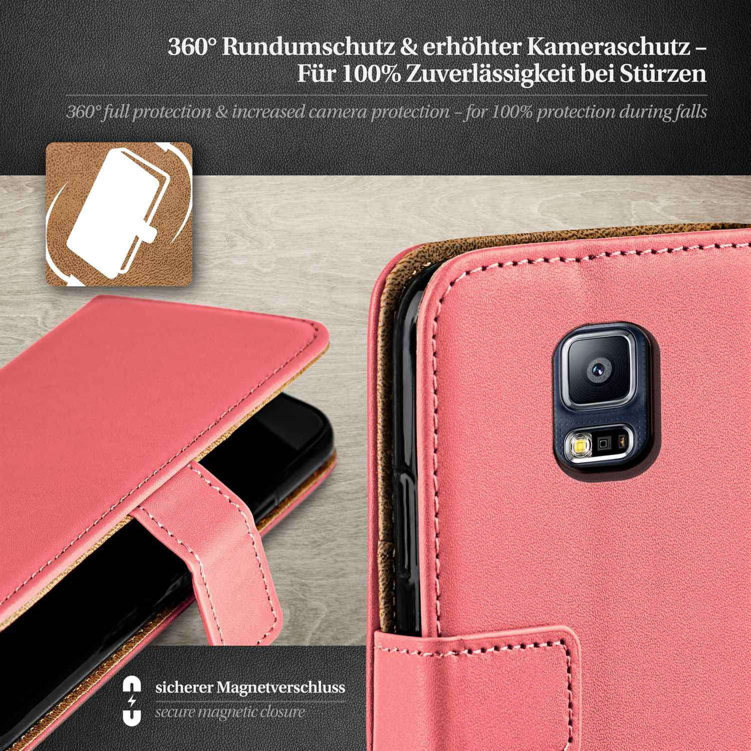 Rosa Handyhülle mit einem Telefon darin. Die Hülle ist offen. Nahaufnahme der Hülle.