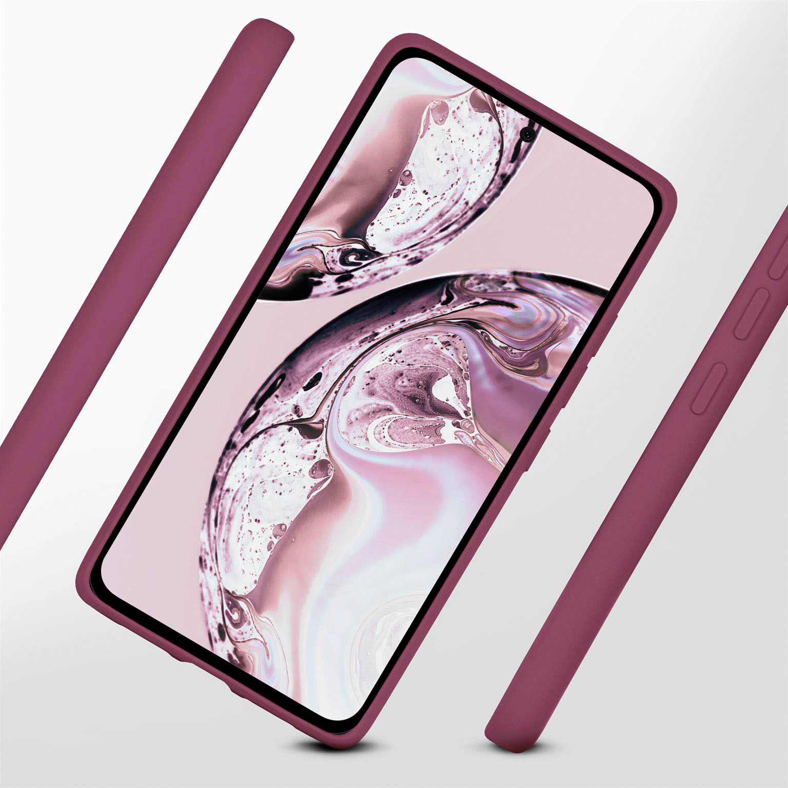 Lila Handyhülle mit Telefon im Inneren, mit lilafarbenen Balken und hellem Hintergrund.