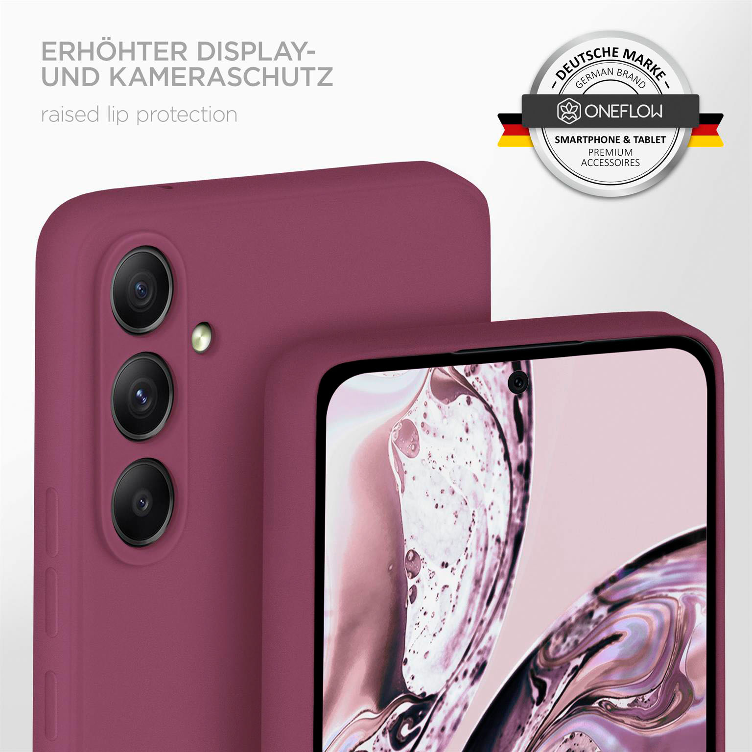 Nahaufnahme eines Telefons mit Hülle. Die Hülle hat einen erhöhten Lippenschutz. Ein Markenlogo ist ebenfalls zu sehen.