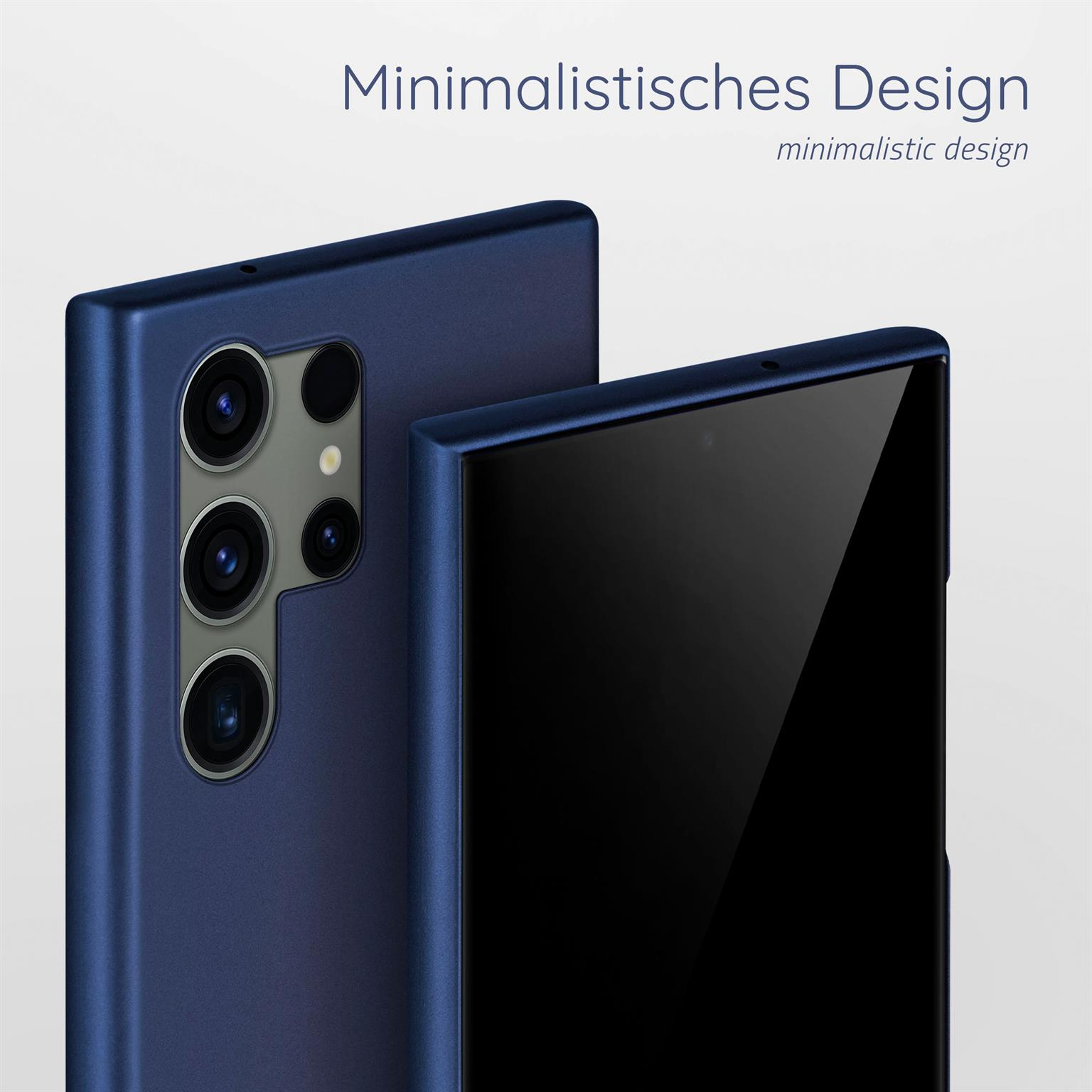 Zwei dunkelblaue Telefone in Hüllen. Die Rückseite des linken Telefons ist sichtbar mit Kameralinsen und der Oberseite.