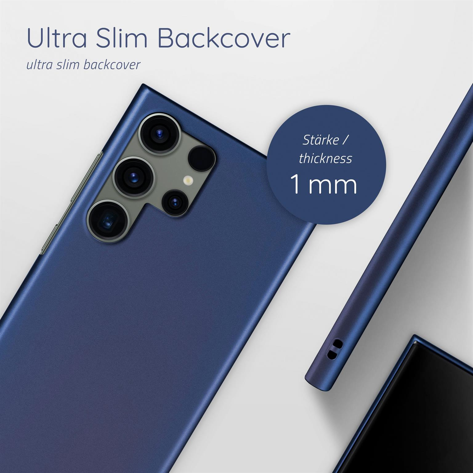 Blaue Handyhülle. Text: 'Ultra Slim Backcover'. Kreis zeigt Dicke von 1 mm.