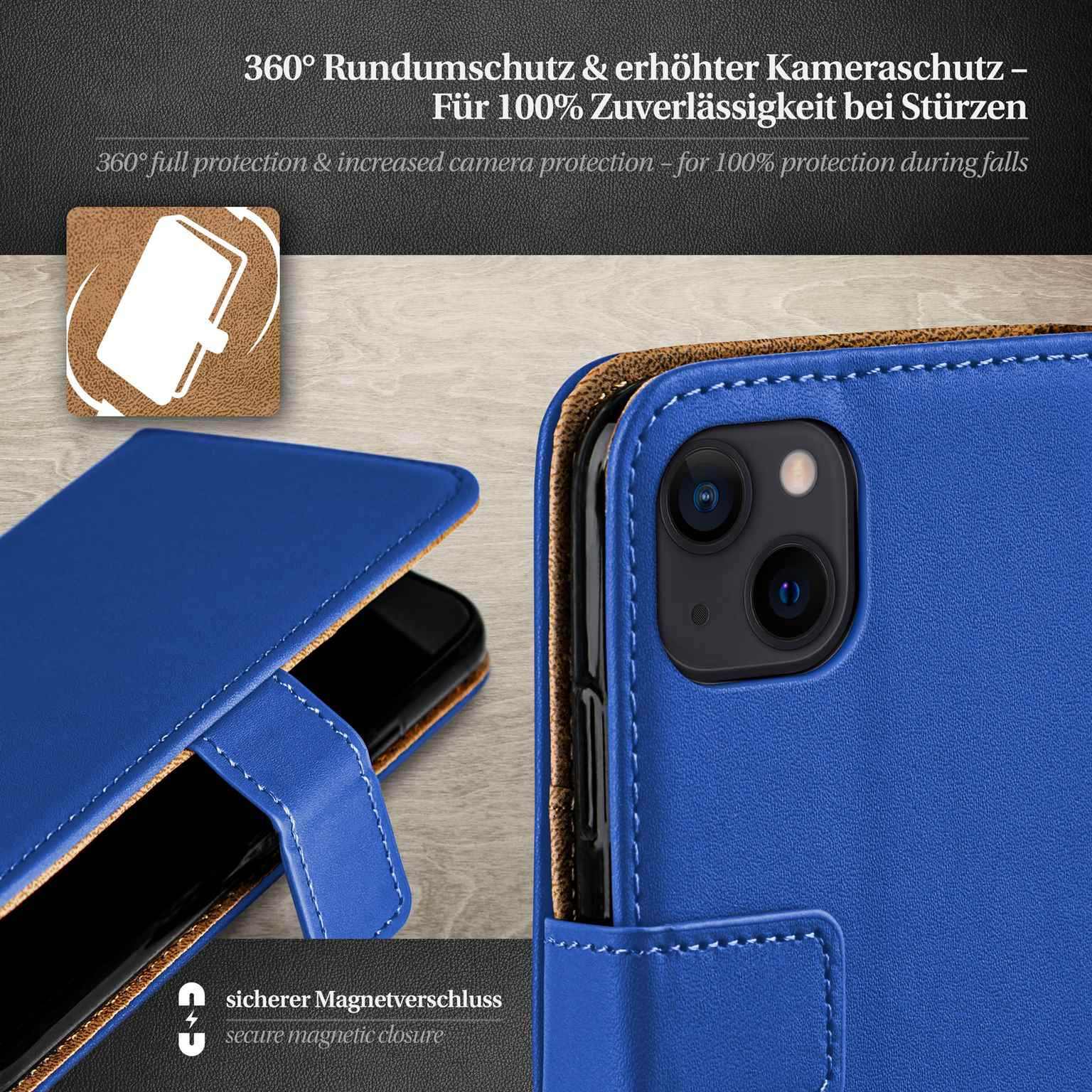 Blaue Handyhülle mit schwarzem Telefon. Text: 360° Rundumschutz & erhöhter Kameraschutz.