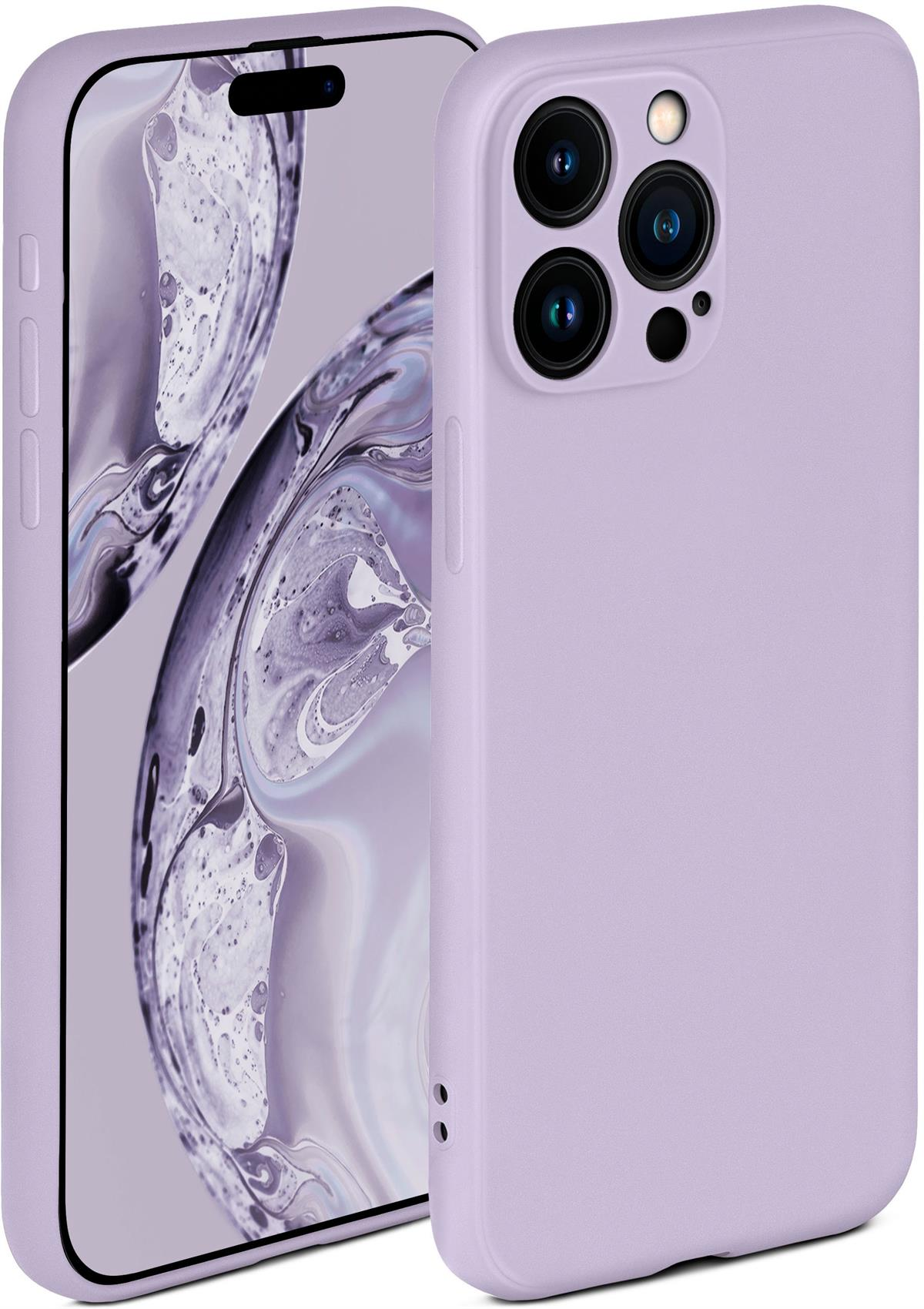 Eine hellviolette Handyhülle mit einem Telefon darin. Das Telefon hat Kameras auf der Rückseite.