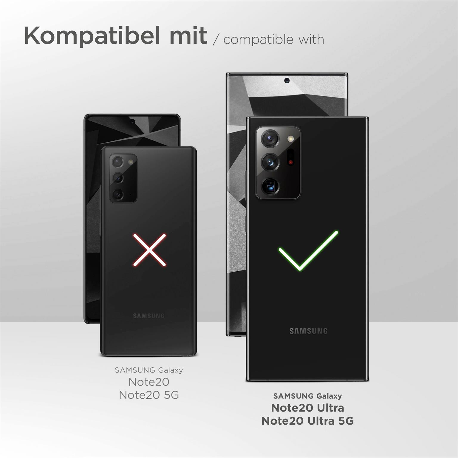 Zwei Handys, eines richtig, eines falsch. Samsung Note20 Ultra 5G und Note20 5G gezeigt.