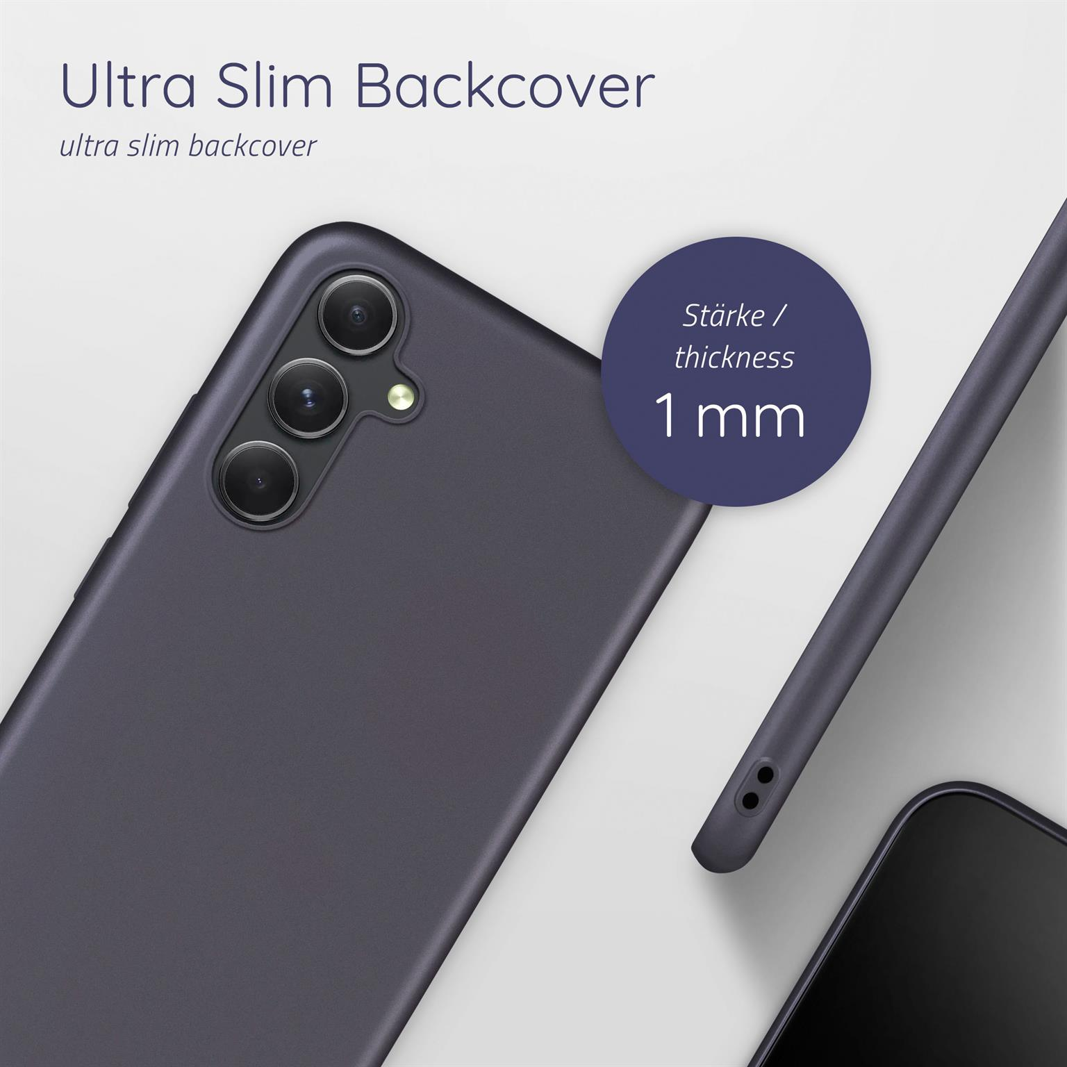 Lila Telefonhülle mit Kameraausschnitten. Neben der Hülle befindet sich ein Etikett mit 1 mm Dicke.