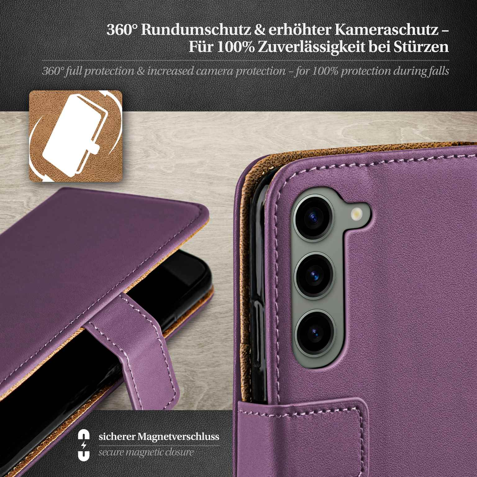 Lila Handyhülle mit Telefon. Die Hülle hat Magnetverschluss. 360° Schutz steht oben.