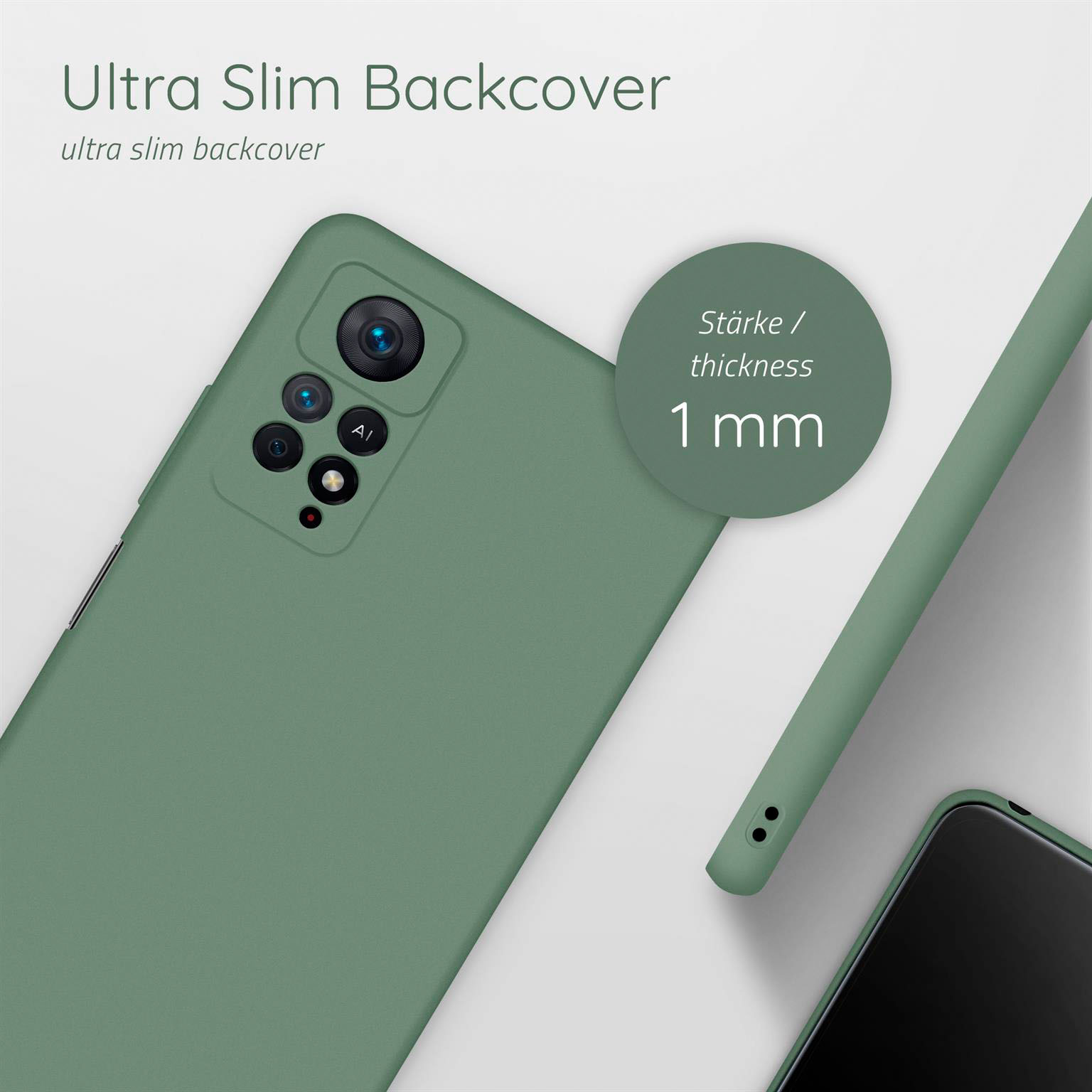 Grüne Handyhülle. Text: Ultra Slim Backcover, Dicke 1 mm. Eine Handyhülle liegt rechts.